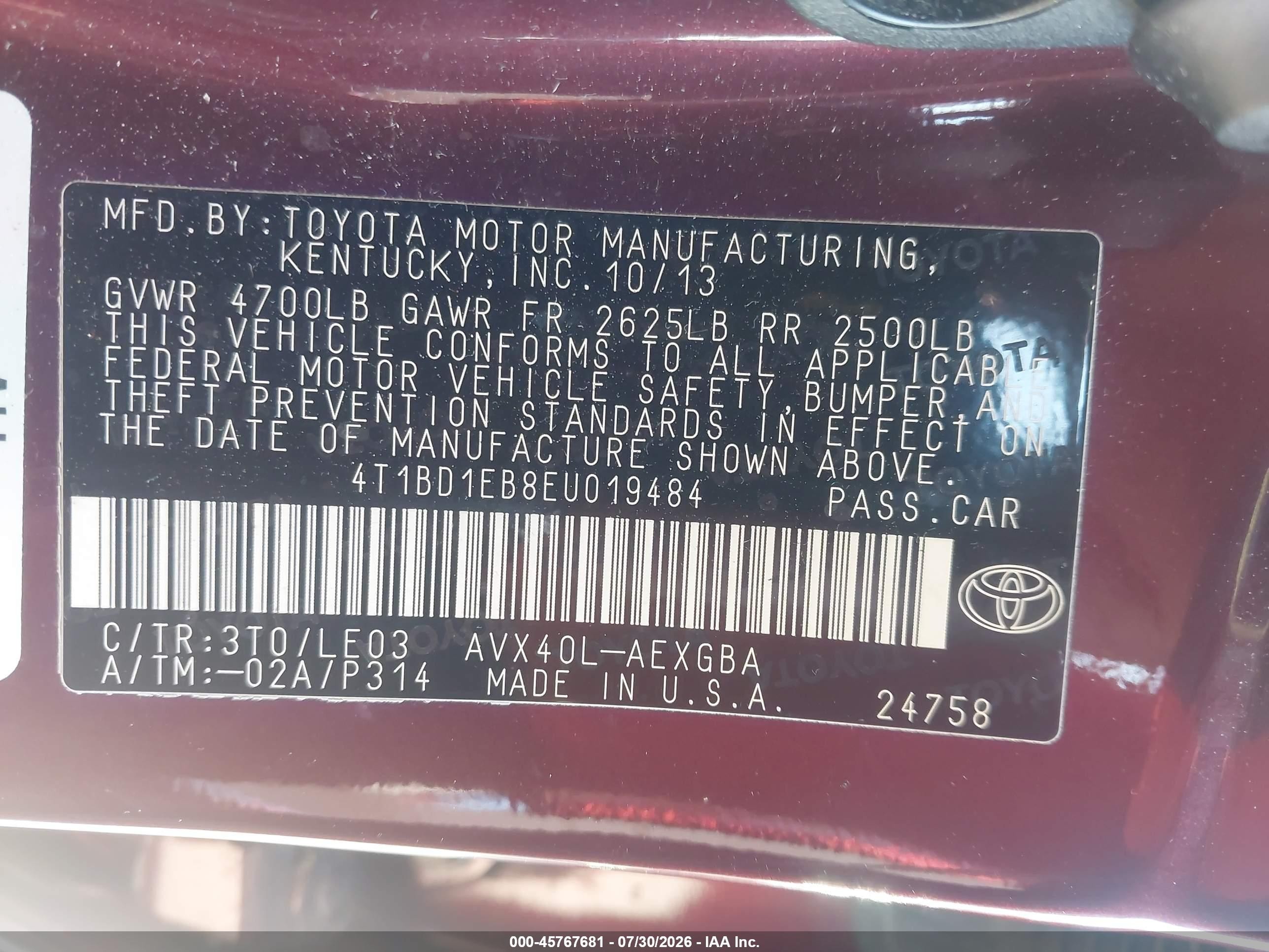 2014 Toyota Avalon Hybrid Xle Touring Maroon vin: 4T1BD1EB8EU019484