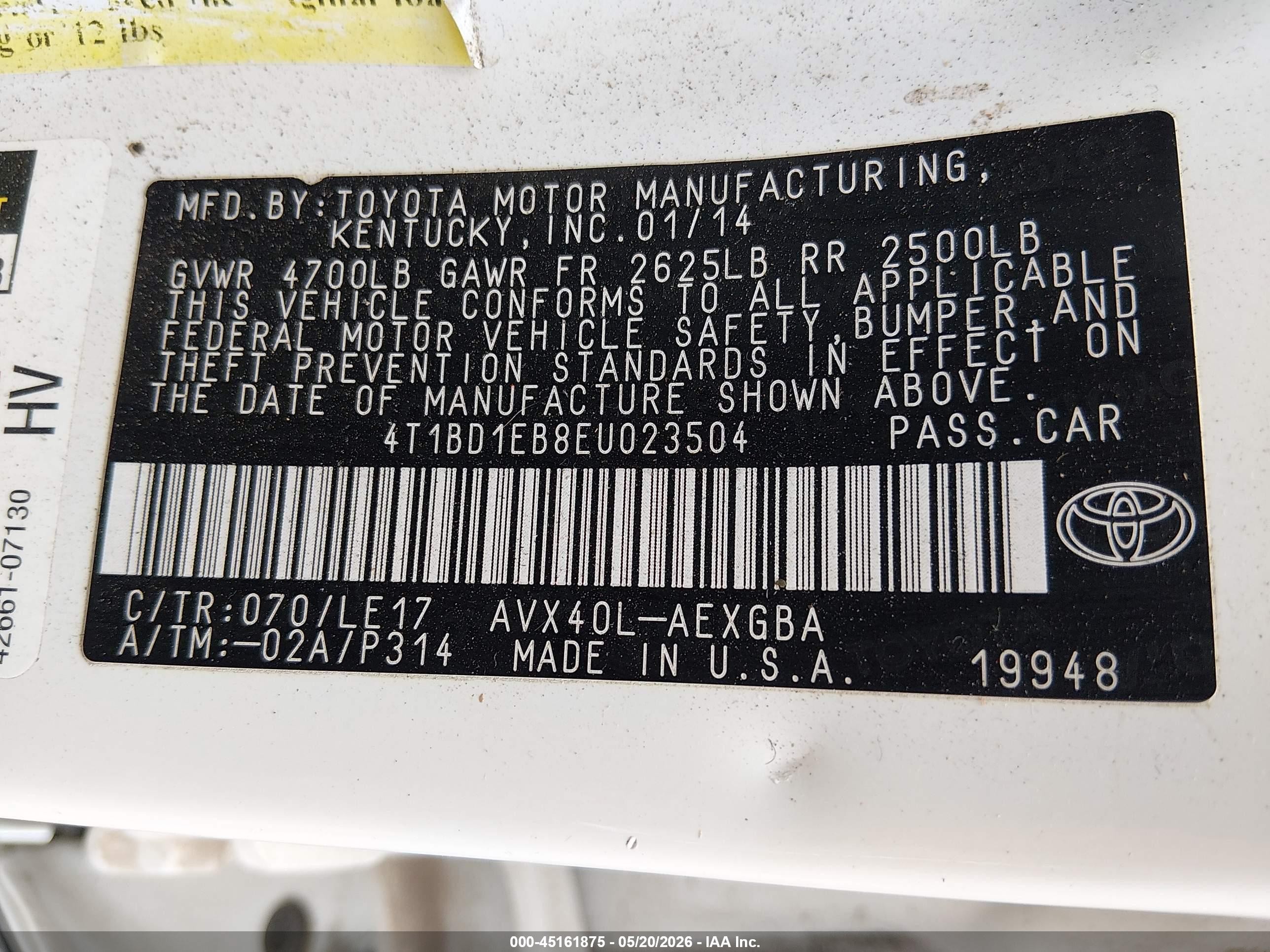 2014 Toyota Avalon Hybrid Xle Touring White vin: 4T1BD1EB8EU023504