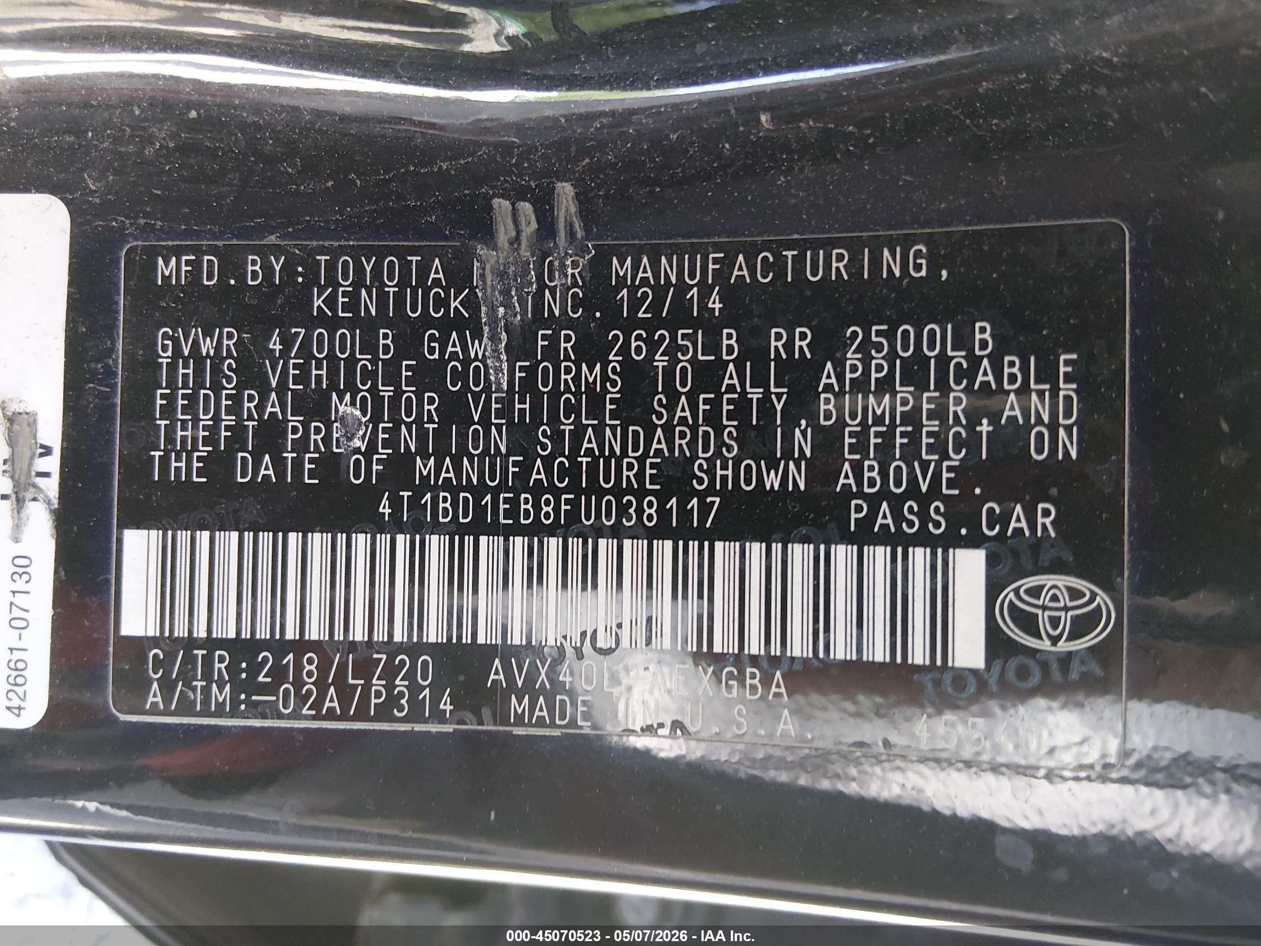 2015 Toyota Avalon Hybrid Xle Premium Black vin: 4T1BD1EB8FU038117