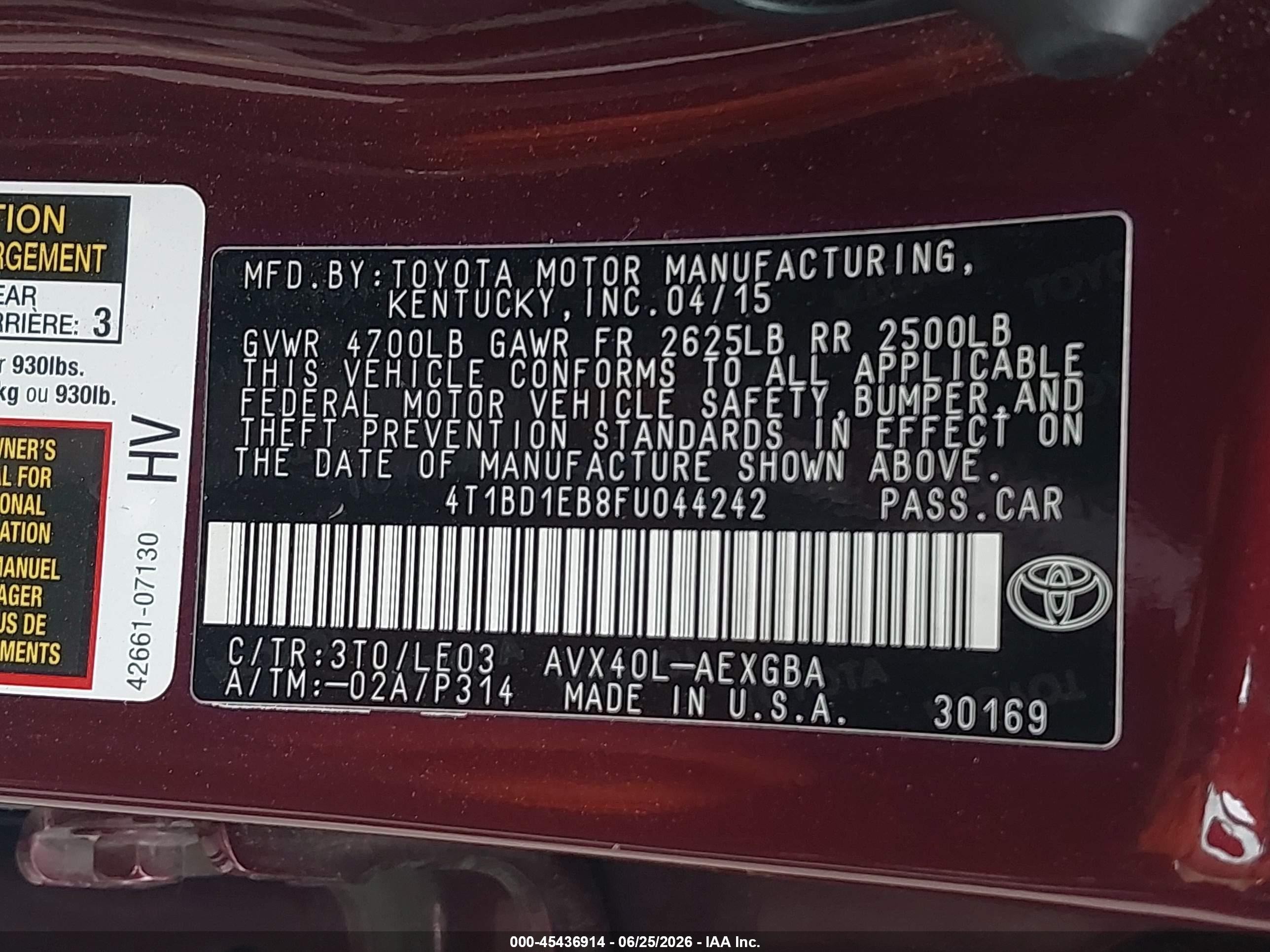 2015 Toyota Avalon Hybrid Xle Touring Burgundy vin: 4T1BD1EB8FU044242