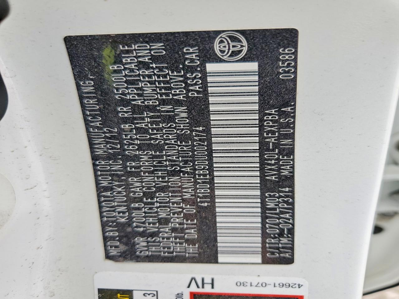 2013 Toyota Avalon Hybrid Limited Белый vin: 4T1BD1EB9DU002174