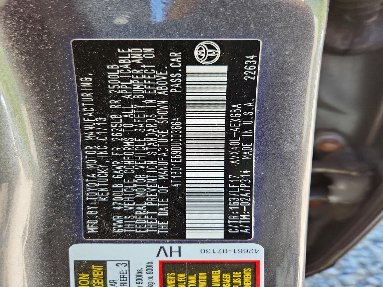 2013 Toyota Avalon Hybrid Xle Premium Charcoal vin: 4T1BD1EB9DU003664