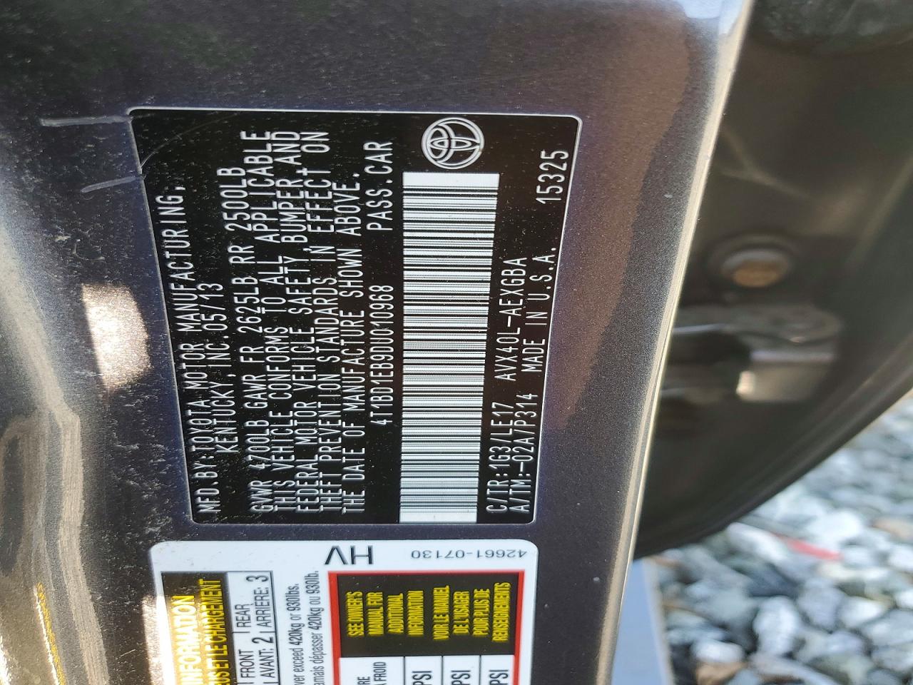 2013 Toyt Avalon Hyb Gray vin: 4T1BD1EB9DU010968