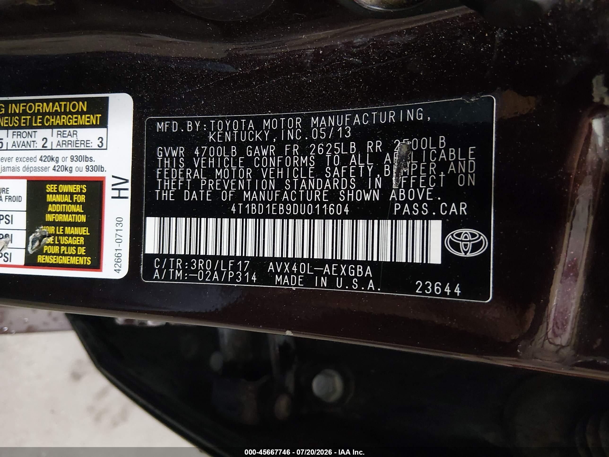 2013 Toyota Avalon Hybrid Xle Premium Burgundy vin: 4T1BD1EB9DU011604