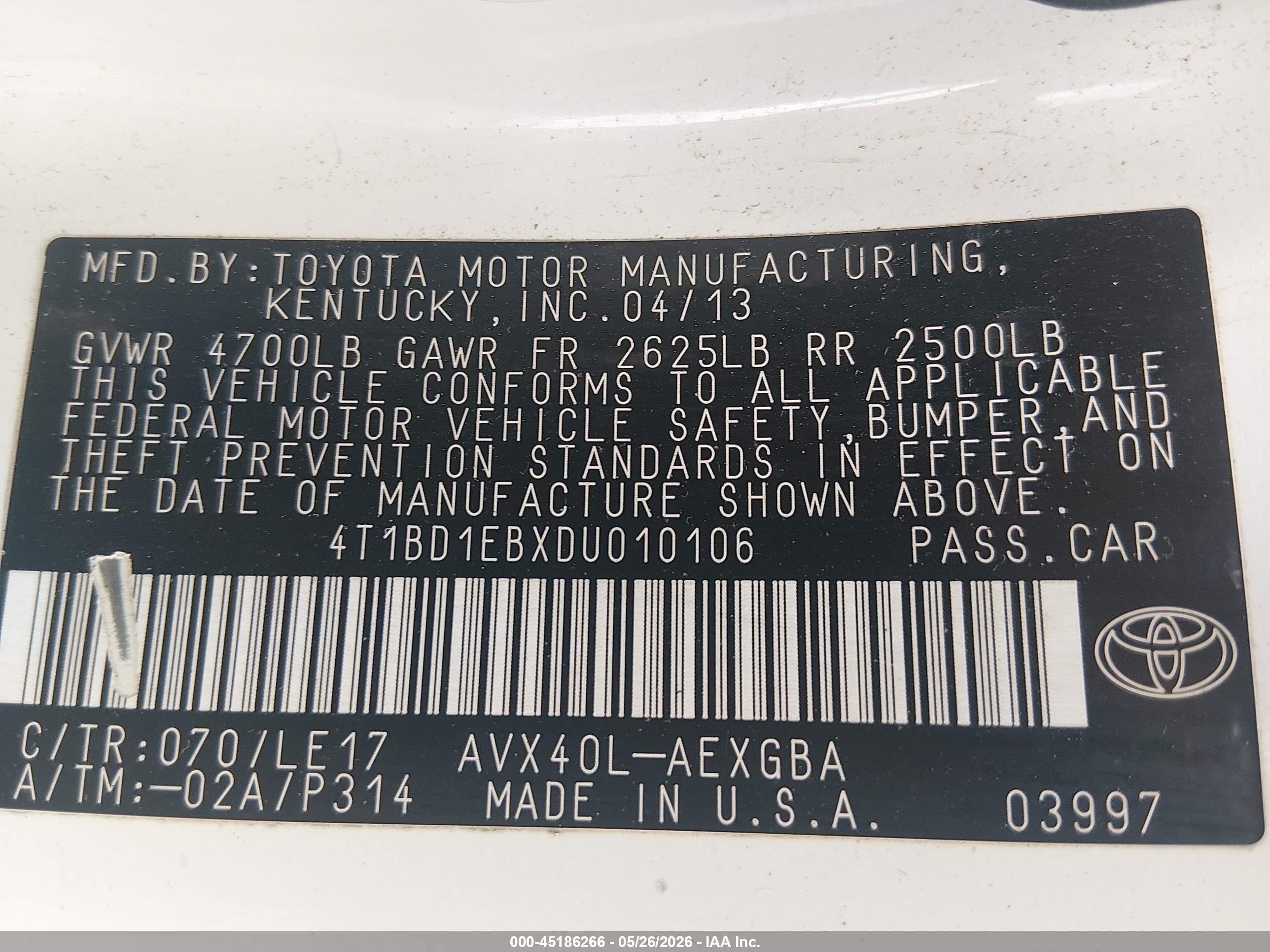 2013 Toyota Avalon Hybrid Xle Touring White vin: 4T1BD1EBXDU010106