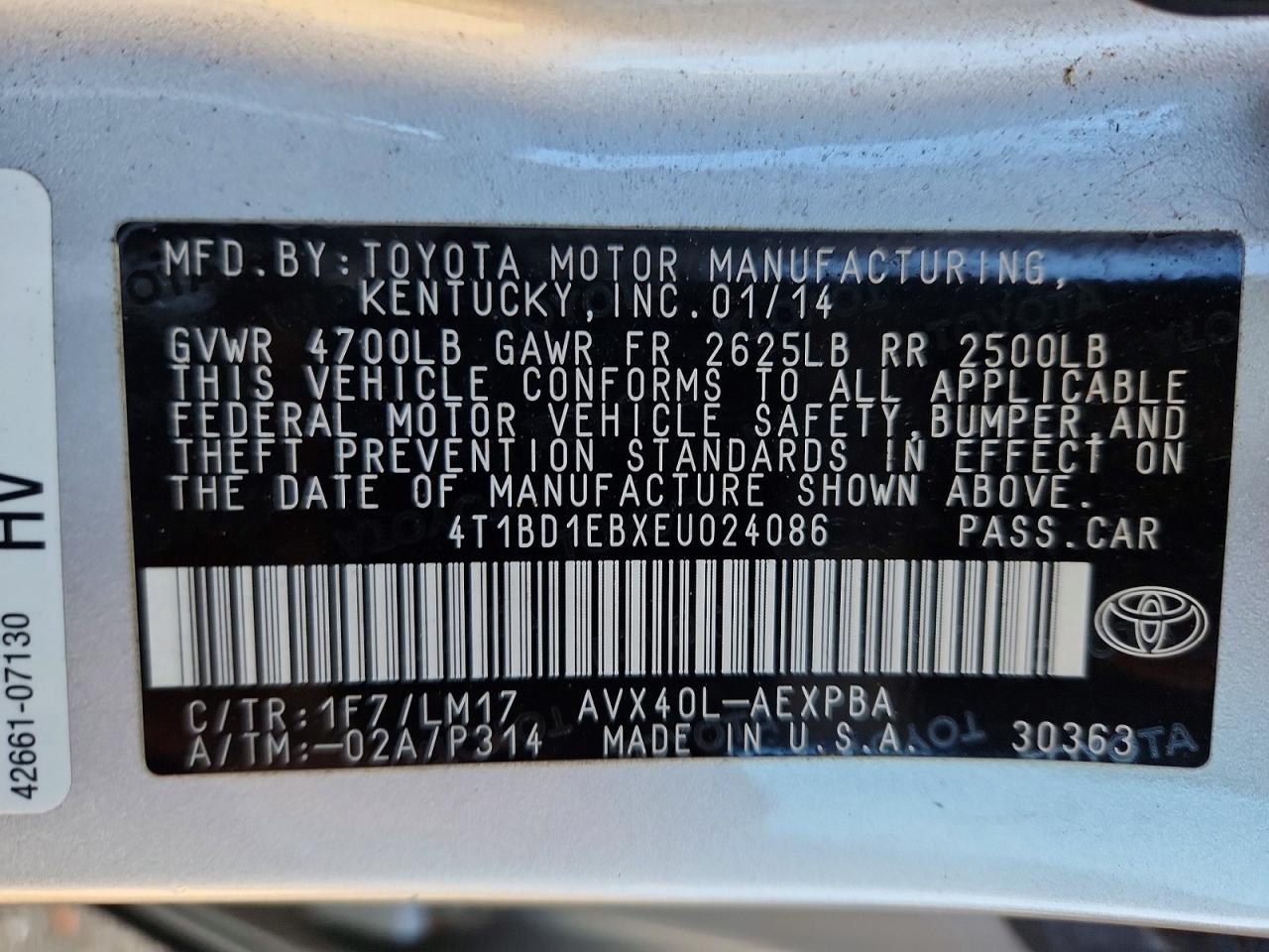 2014 Toyota Avalon Hybrid Limited Silver vin: 4T1BD1EBXEU024086