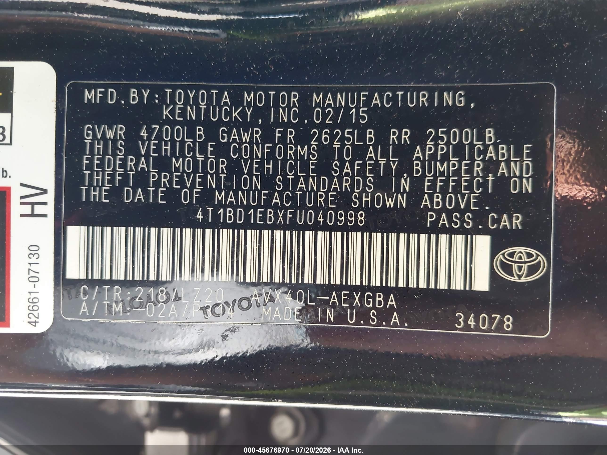 2015 Toyota Avalon Hybrid Xle Premium Black vin: 4T1BD1EBXFU040998