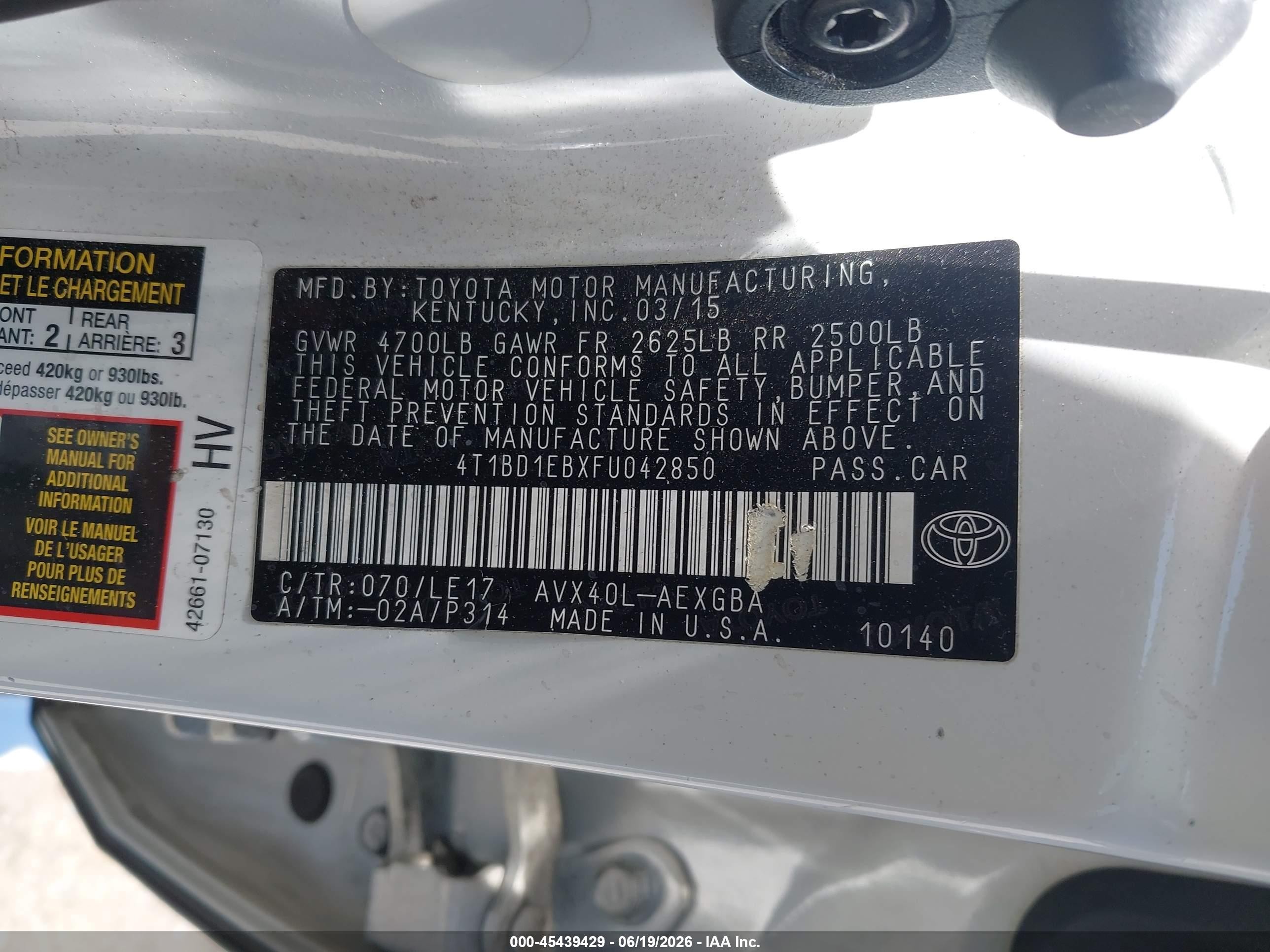 2015 Toyota Avalon Hybrid Xle Touring Белый vin: 4T1BD1EBXFU042850