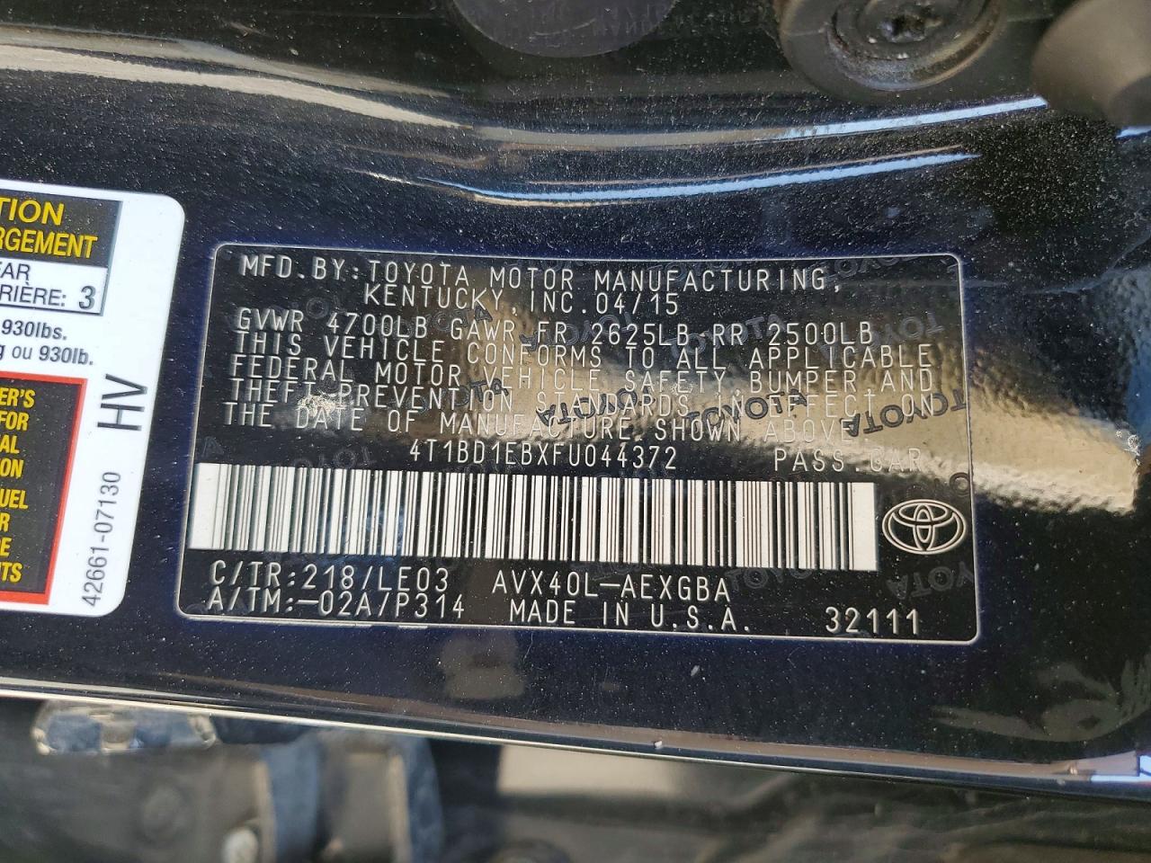 2015 Toyota Avalon Hybrid Xle Touring Black vin: 4T1BD1EBXFU044372