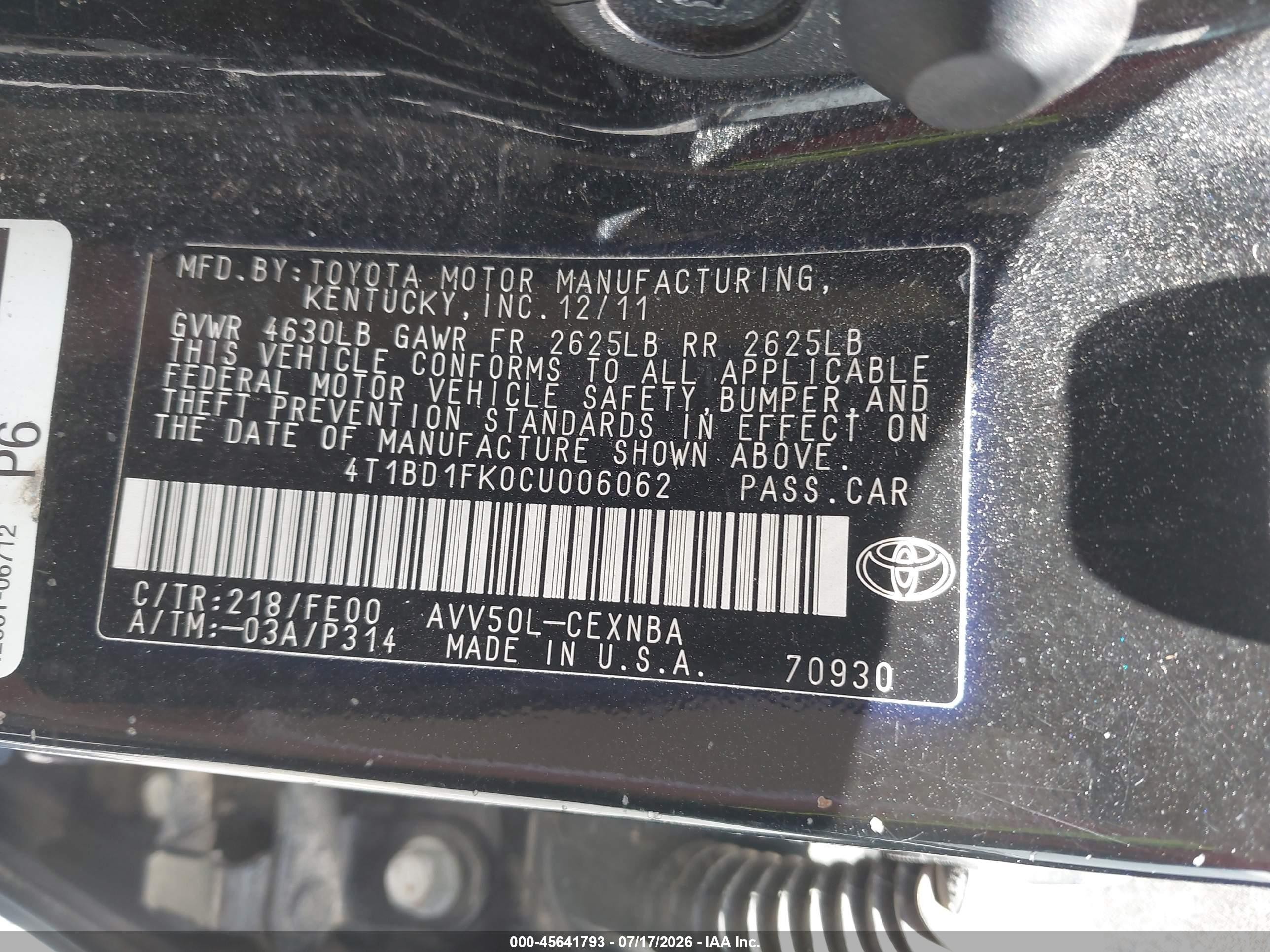 2012 Toyota Camry Hybrid Le Black vin: 4T1BD1FK0CU006062