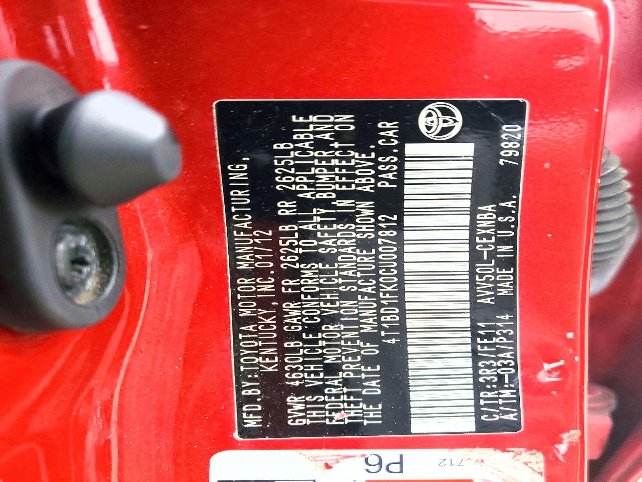 2012 Toyota Camry Hybrid Le Red vin: 4T1BD1FK0CU007812