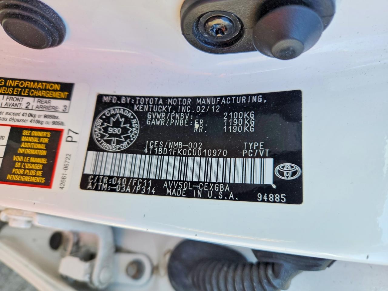 2012 Toyota Camry Hybrid Le White vin: 4T1BD1FK0CU010970
