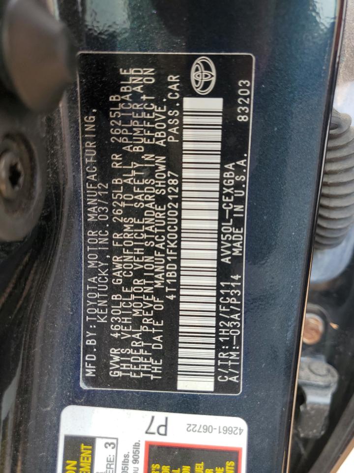2012 Toyota Camry Hybrid Charcoal vin: 4T1BD1FK0CU021287