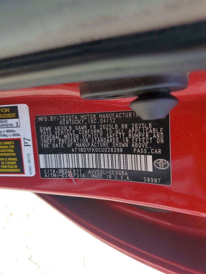 2012 Toyota Camry Hybrid Xle Красный vin: 4T1BD1FK0CU028398