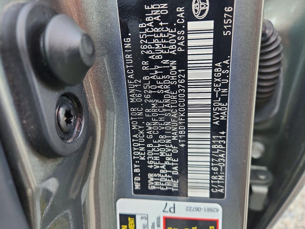 2012 Toyota Camry Hybrid Xle Charcoal vin: 4T1BD1FK0CU037621