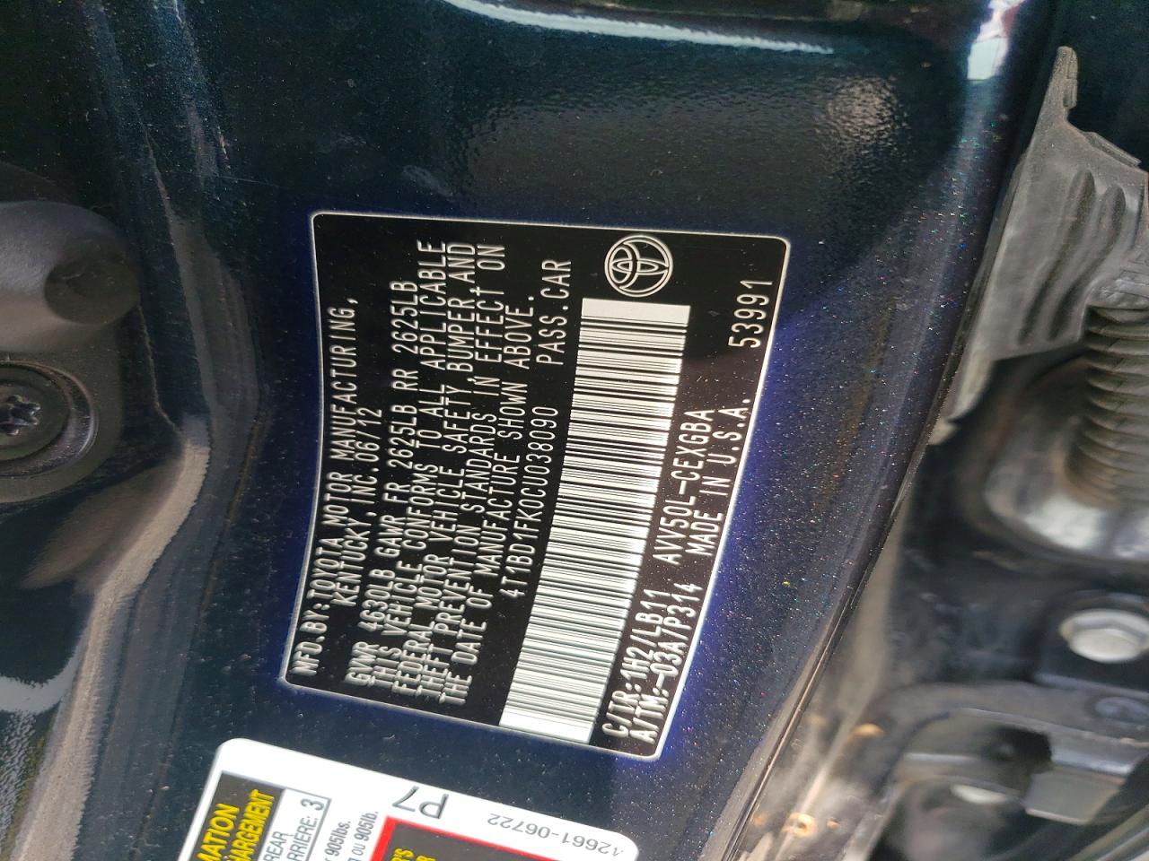 2012 Toyota Camry Hybrid Xle Black vin: 4T1BD1FK0CU038090
