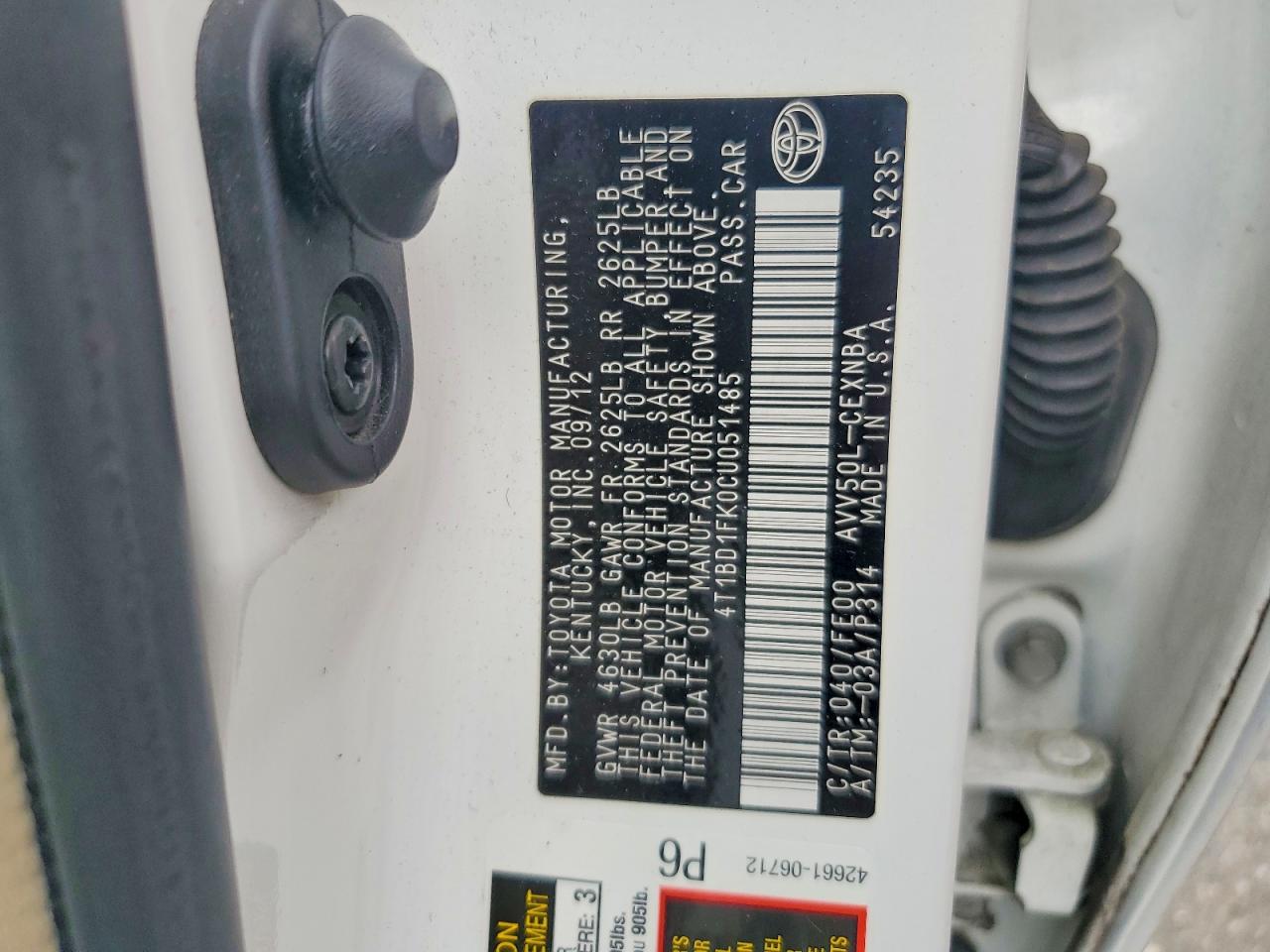 2012 Toyota Camry Hybrid Le Белый vin: 4T1BD1FK0CU051485