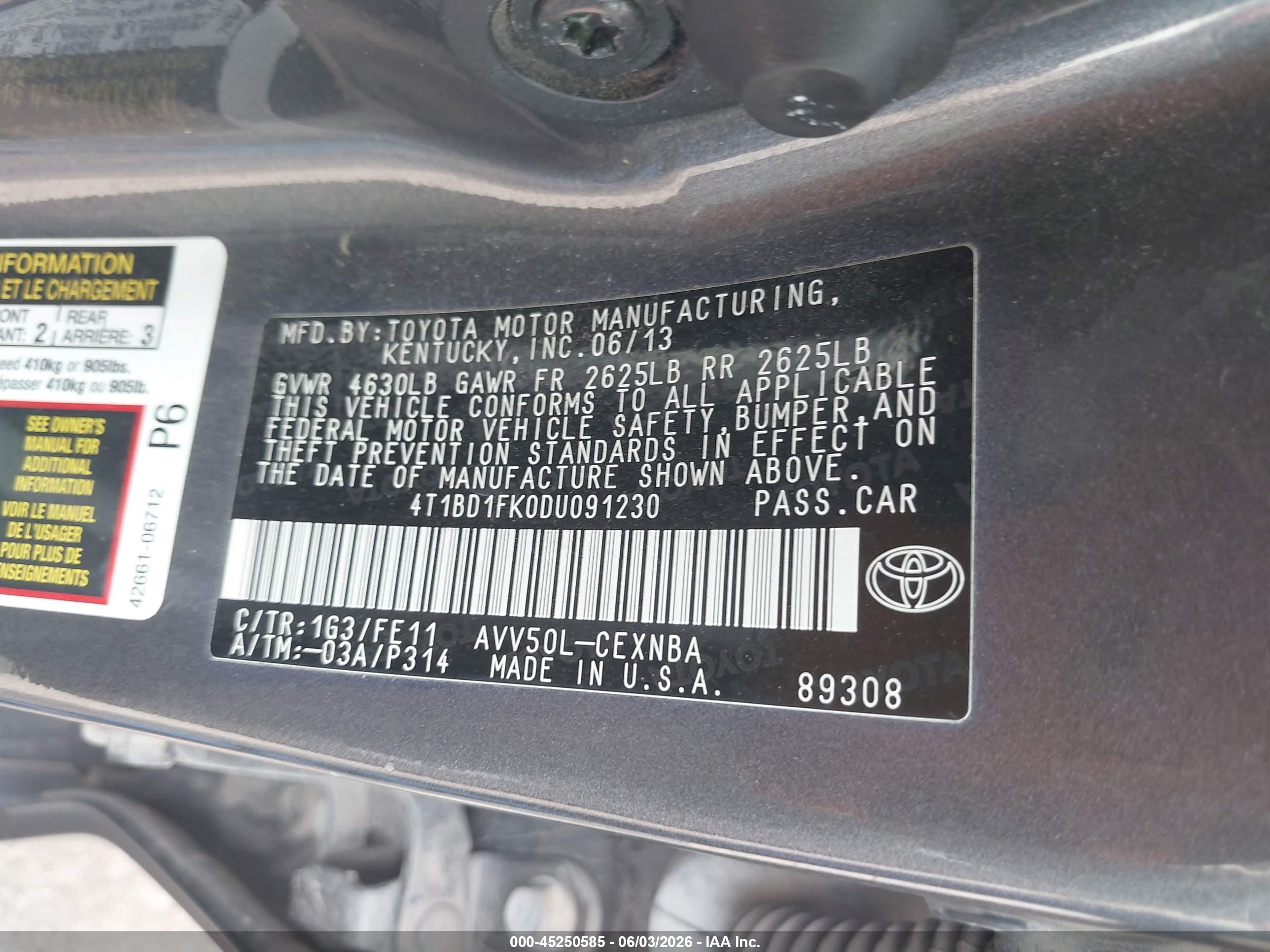 2013 Toyota Camry Hybrid Le Gray vin: 4T1BD1FK0DU091230
