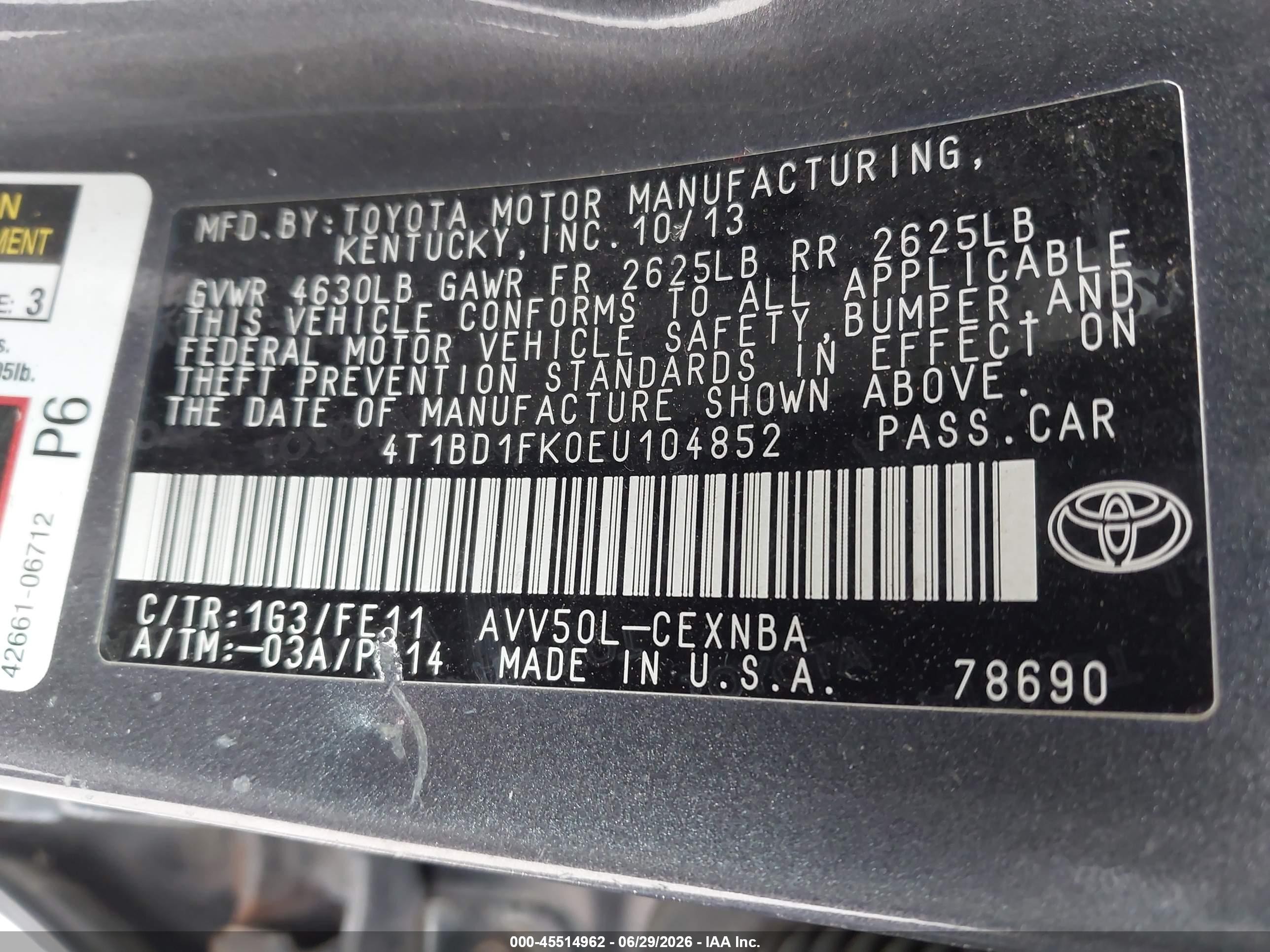 2014 Toyota Camry Hybrid Le Gray vin: 4T1BD1FK0EU104852