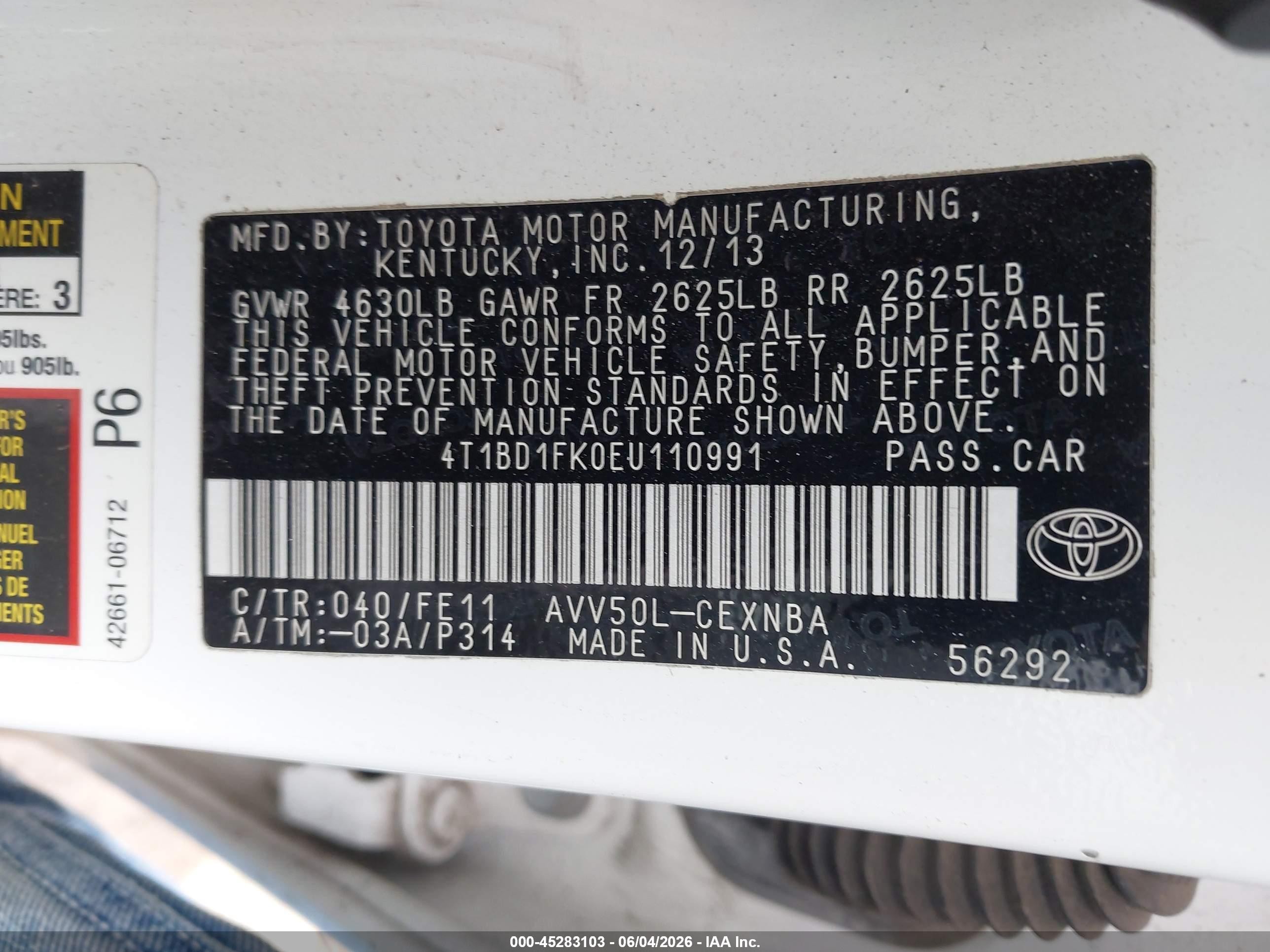 2014 Toyota Camry Hybrid Le White vin: 4T1BD1FK0EU110991