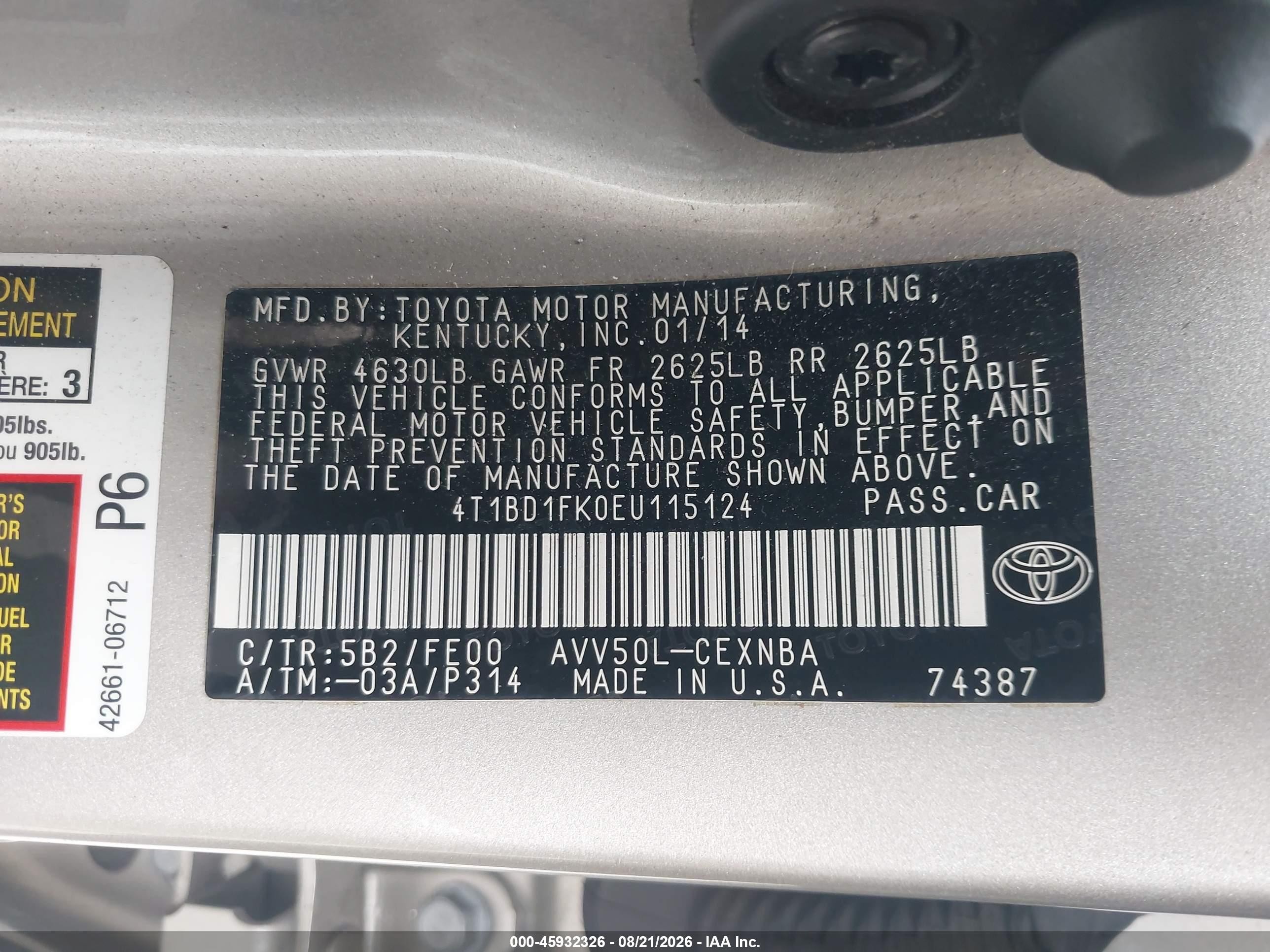 2014 Toyota Camry Hybrid Le Beige vin: 4T1BD1FK0EU115124