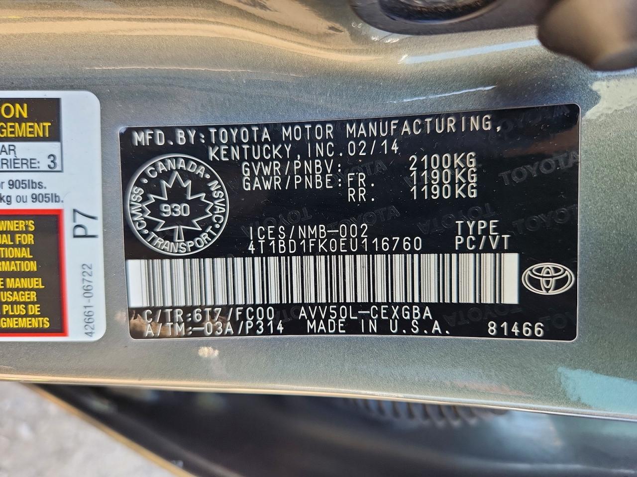2014 Toyota Camry Hybrid Gray vin: 4T1BD1FK0EU116760