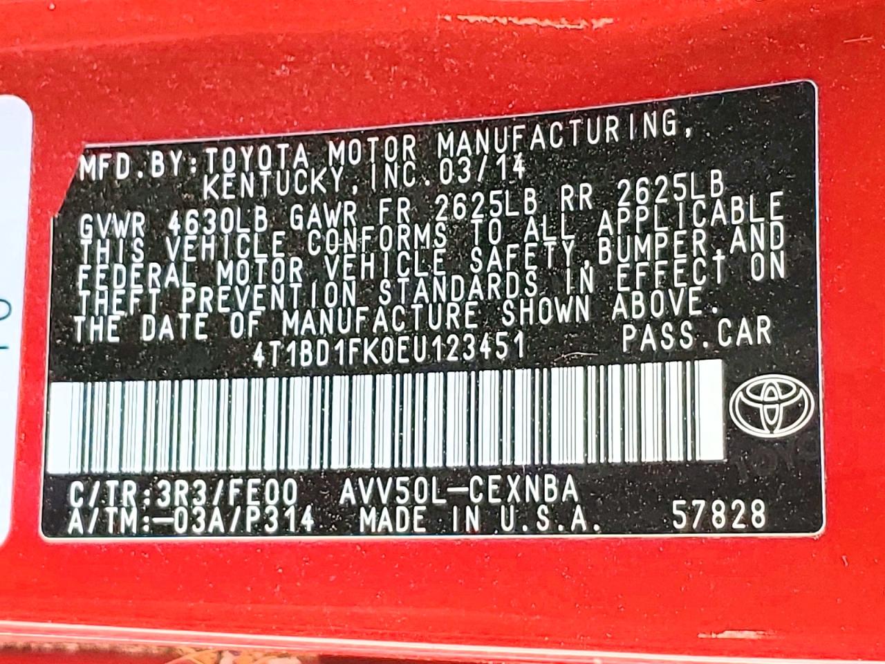 2014 Toyota Camry Hybrid Le Red vin: 4T1BD1FK0EU123451