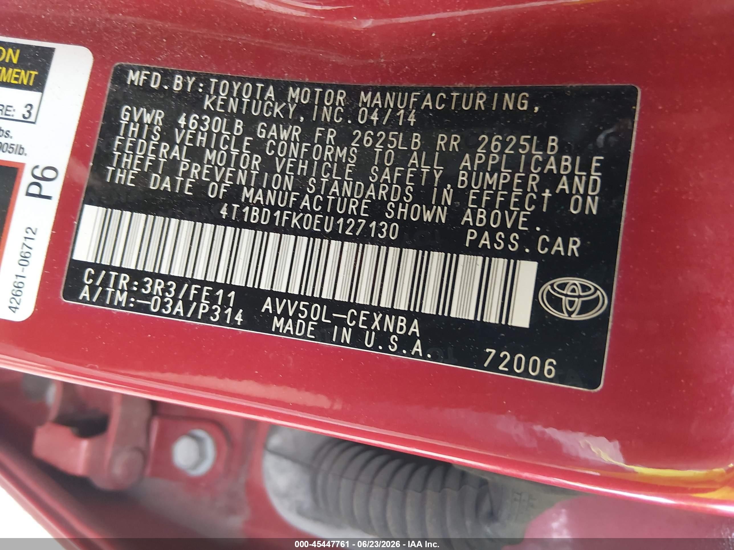 2014 Toyota Camry Hybrid Le Red vin: 4T1BD1FK0EU127130