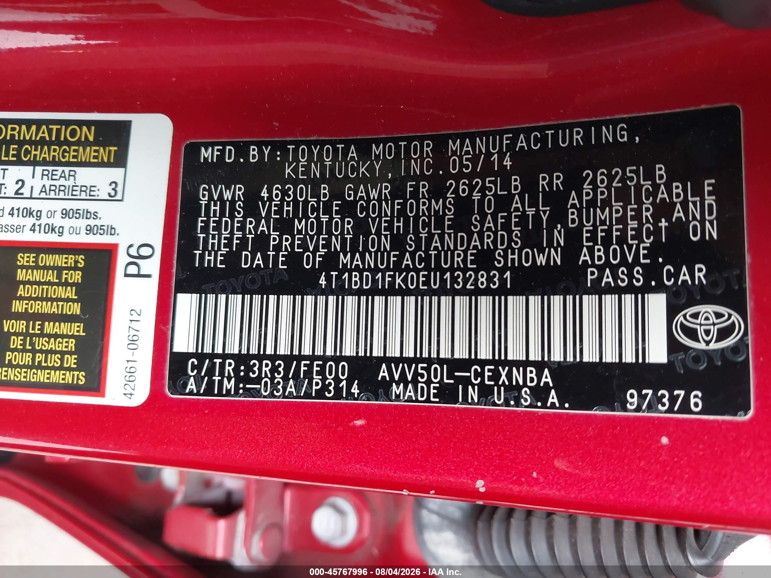 2014 Toyota Camry Hybrid Le Red vin: 4T1BD1FK0EU132831