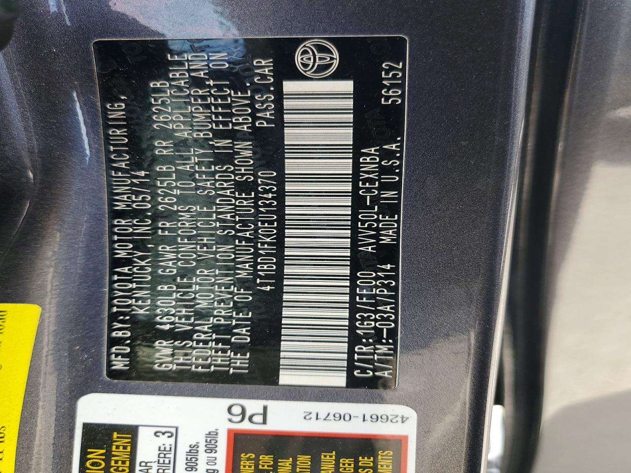 2014 Toyota Camry Hybrid Le Gray vin: 4T1BD1FK0EU134370