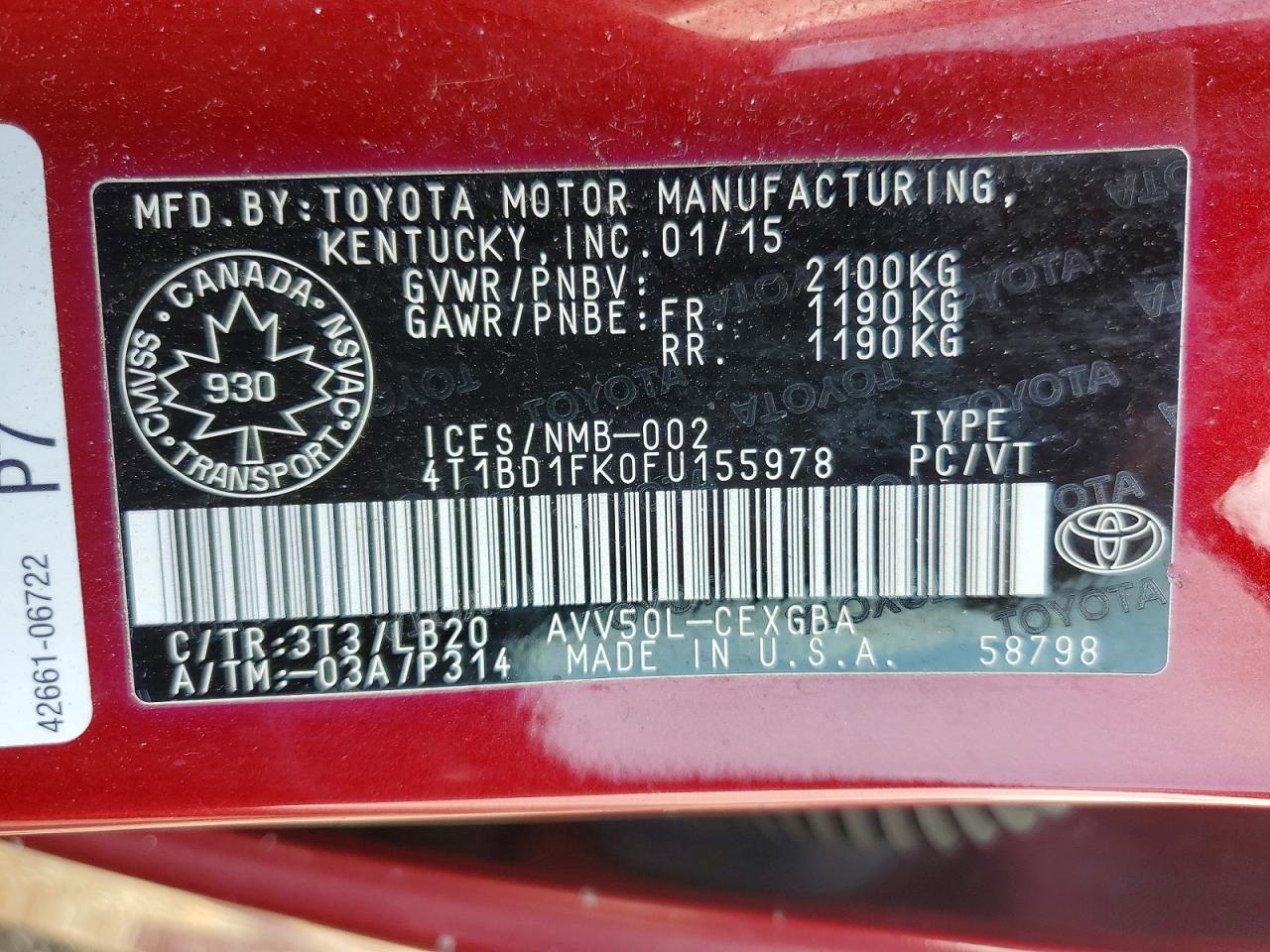 2015 Toyota Camry Hybrid Le Red vin: 4T1BD1FK0FU155978