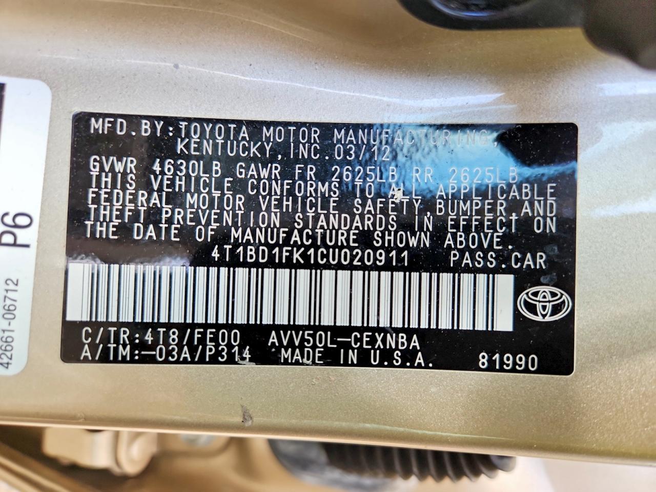 2012 Toyota Camry Hybrid Le Gold vin: 4T1BD1FK1CU020911