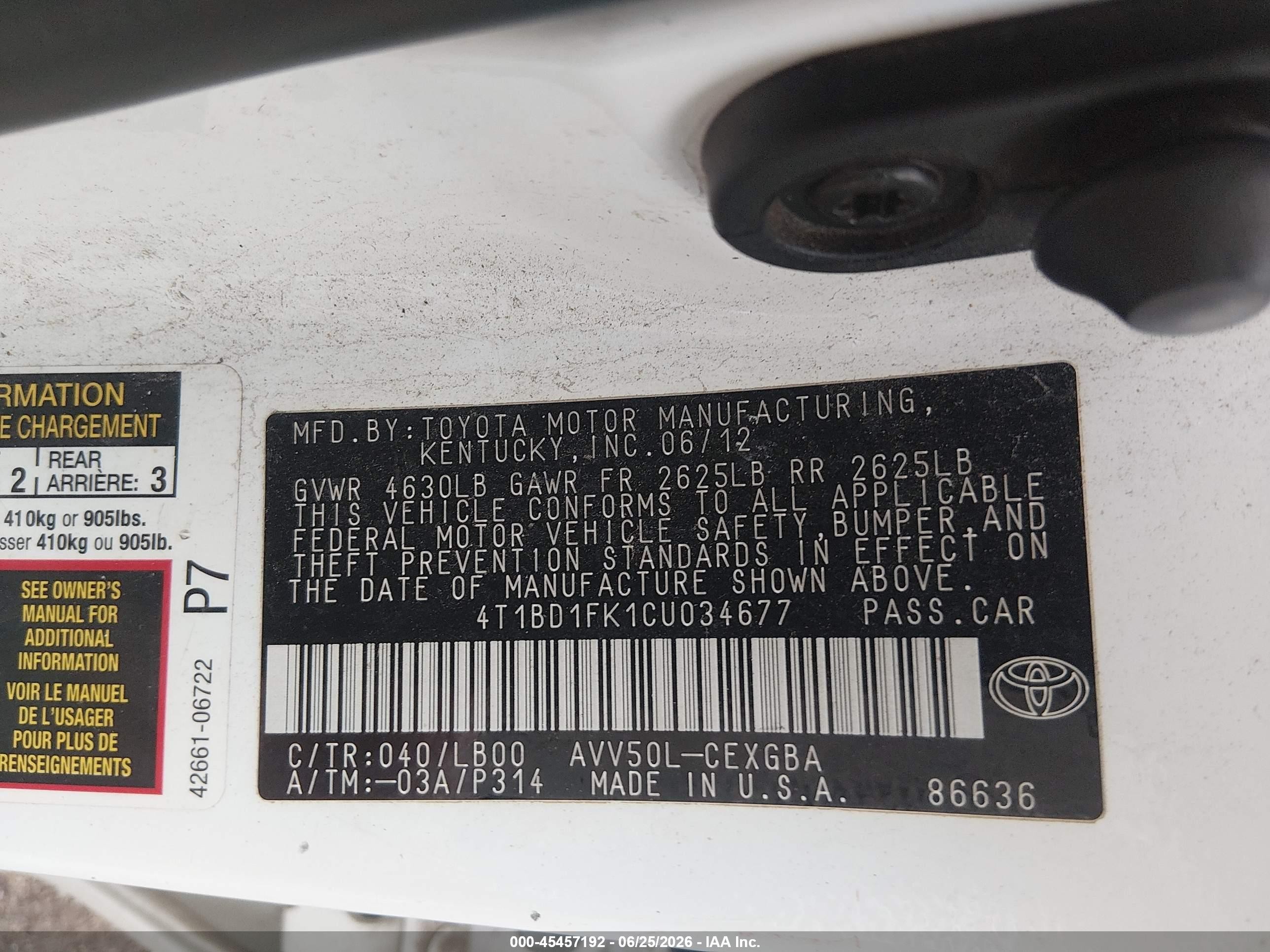 2012 Toyota Camry Hybrid Xle White vin: 4T1BD1FK1CU034677