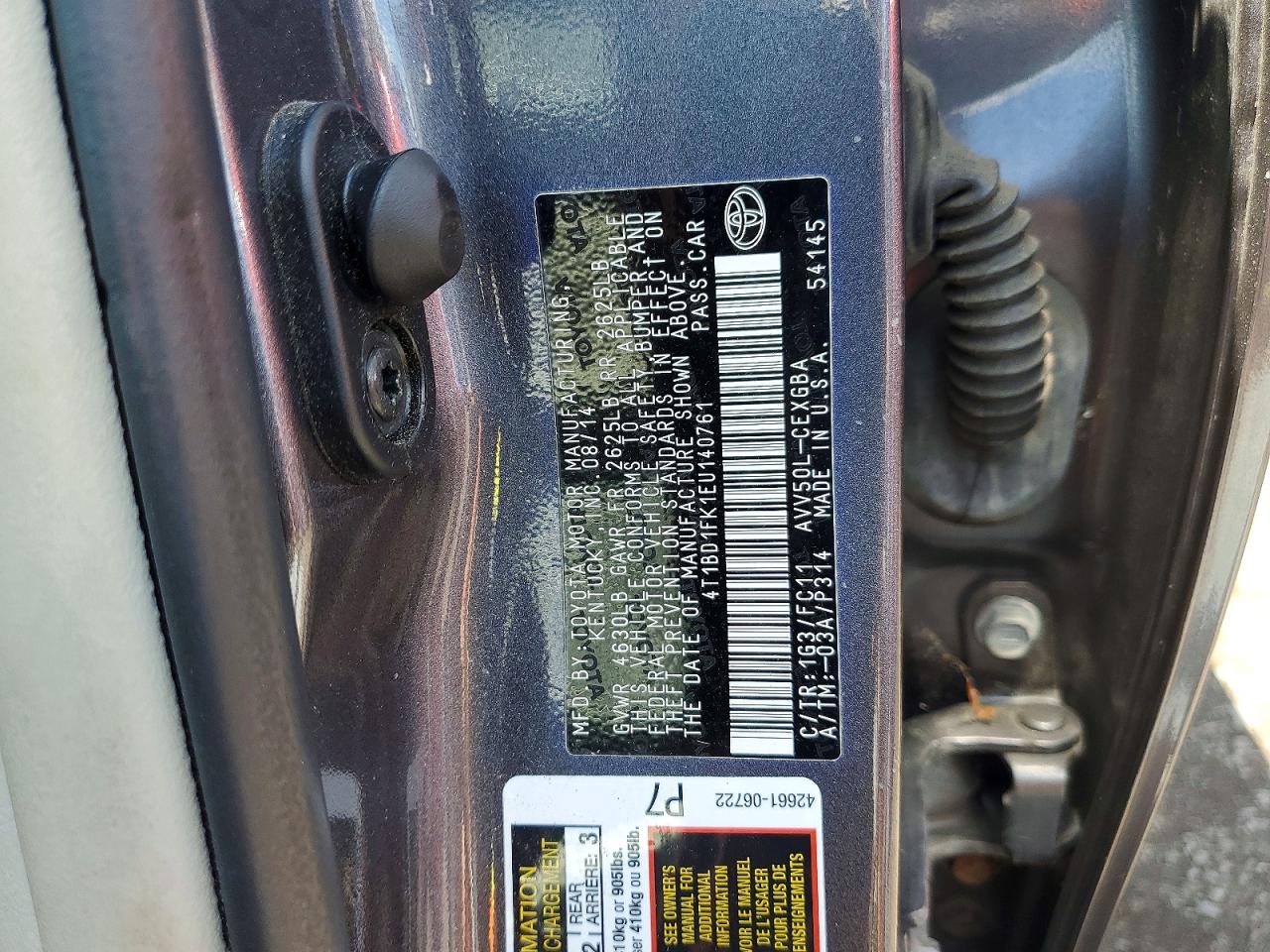 2014 Toyota Camry Hybrid Xle Серый vin: 4T1BD1FK1EU140761