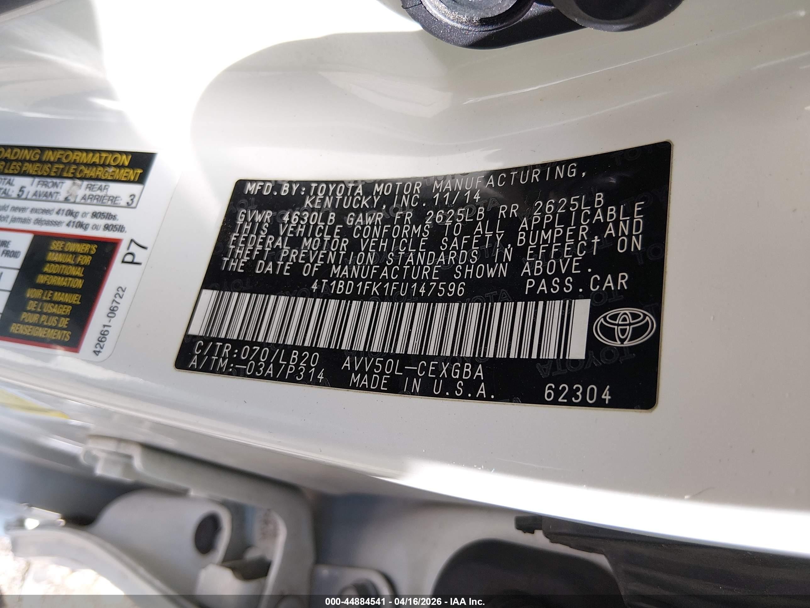 2015 Toyota Camry Hybrid Xle White vin: 4T1BD1FK1FU147596