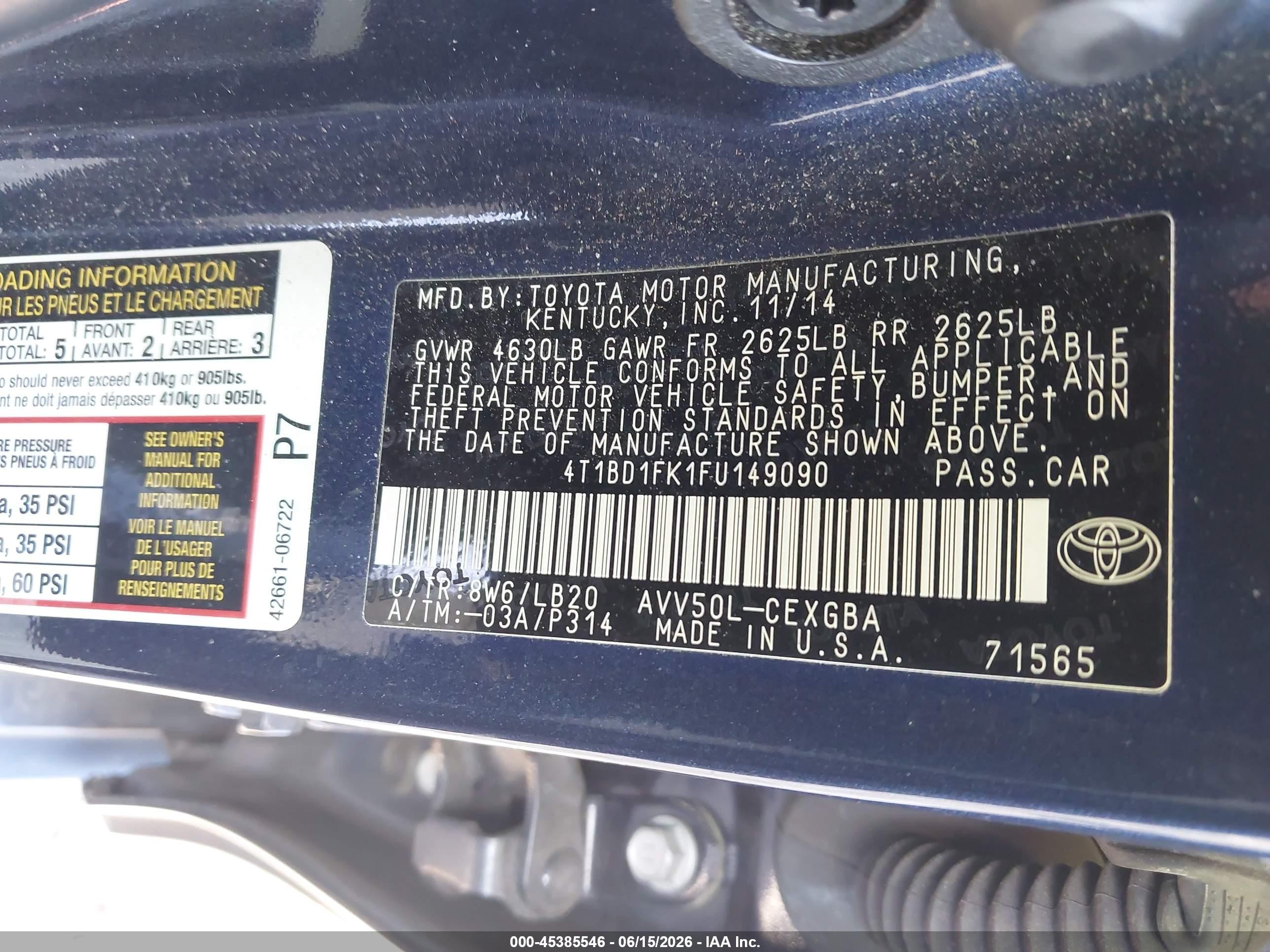 2015 Toyota Camry Hybrid Xle Dark Blue vin: 4T1BD1FK1FU149090