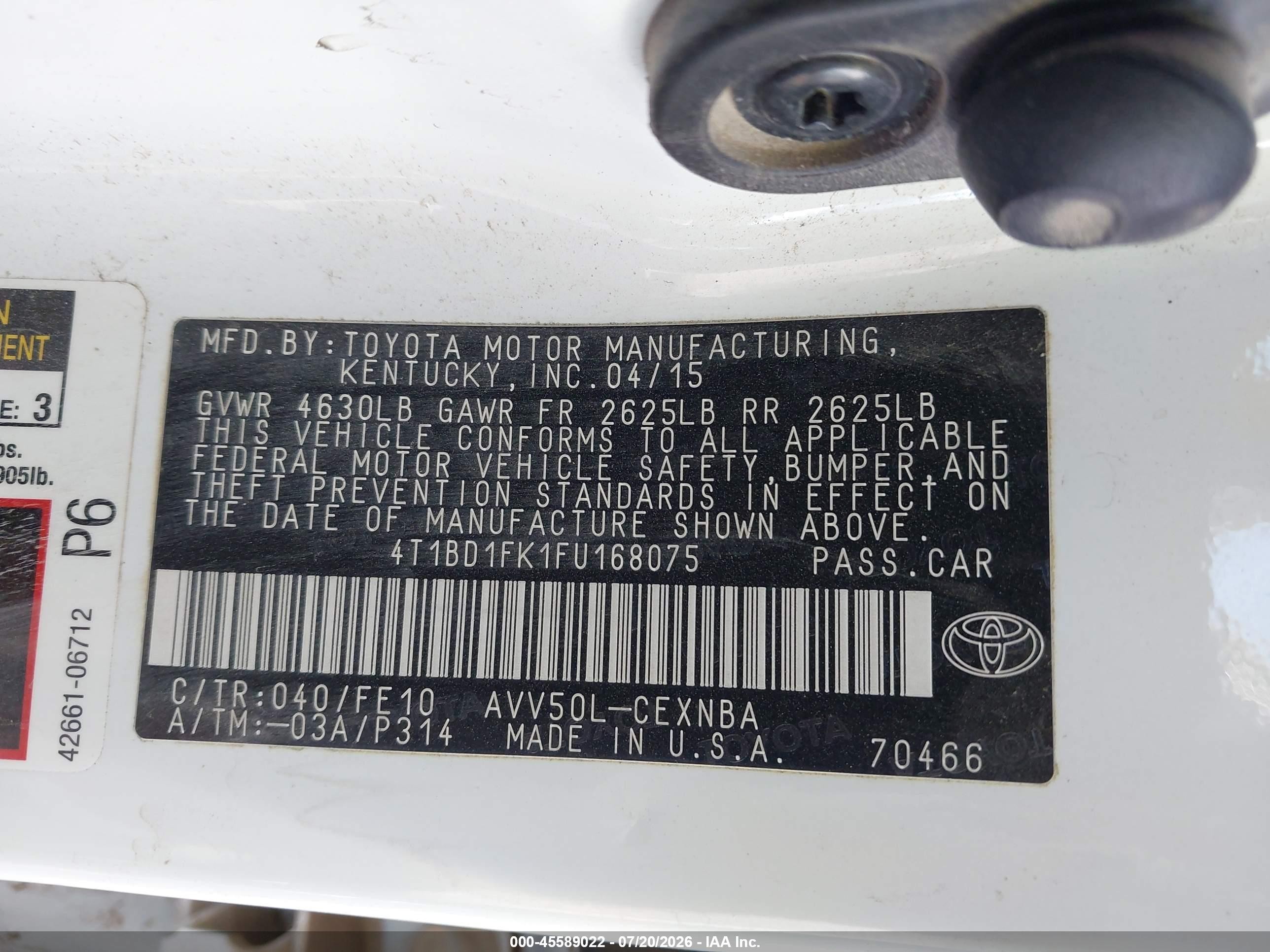 2015 Toyota Camry Hybrid Le White vin: 4T1BD1FK1FU168075