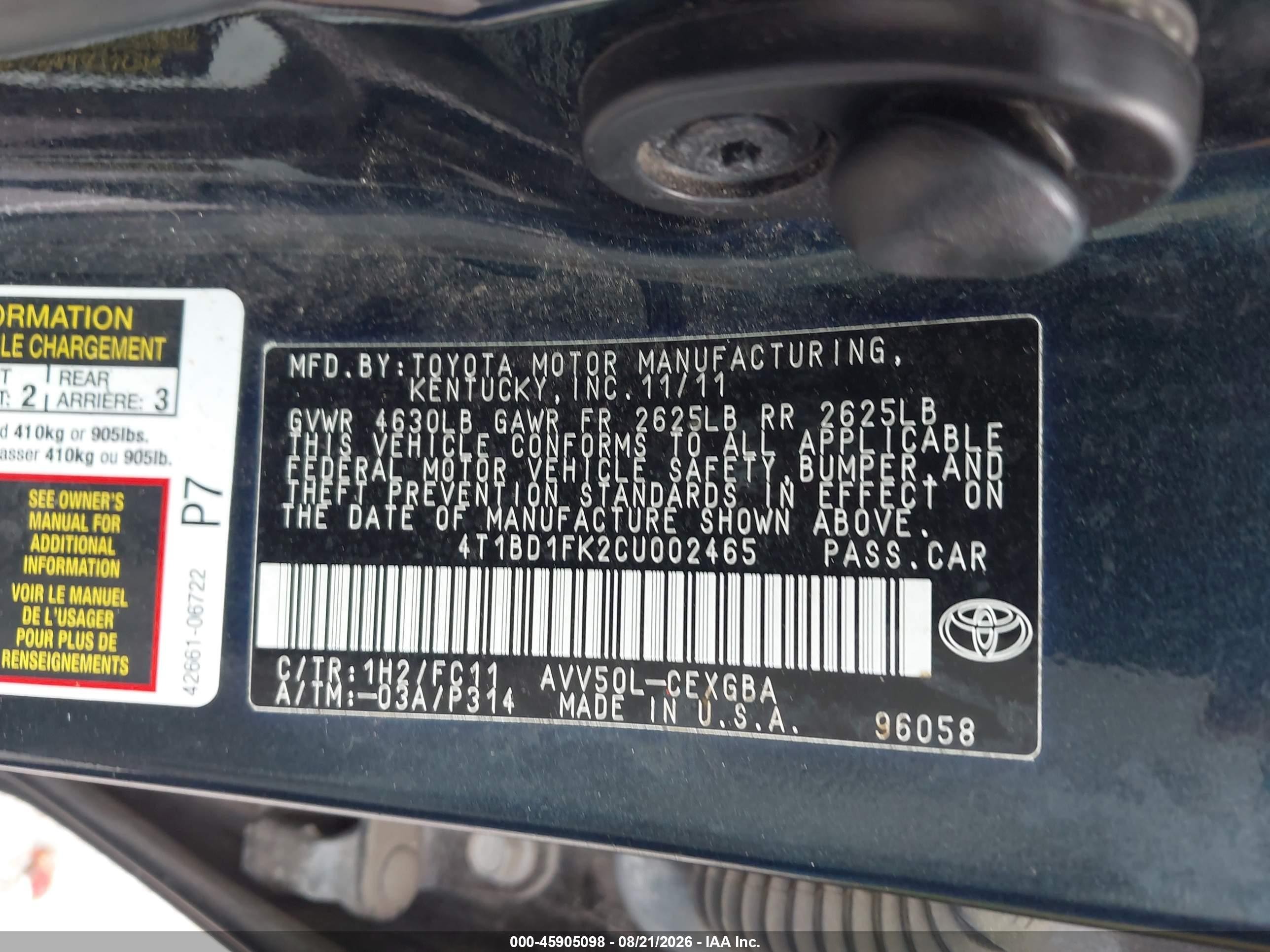 2012 Toyota Camry Hybrid Xle Black vin: 4T1BD1FK2CU002465