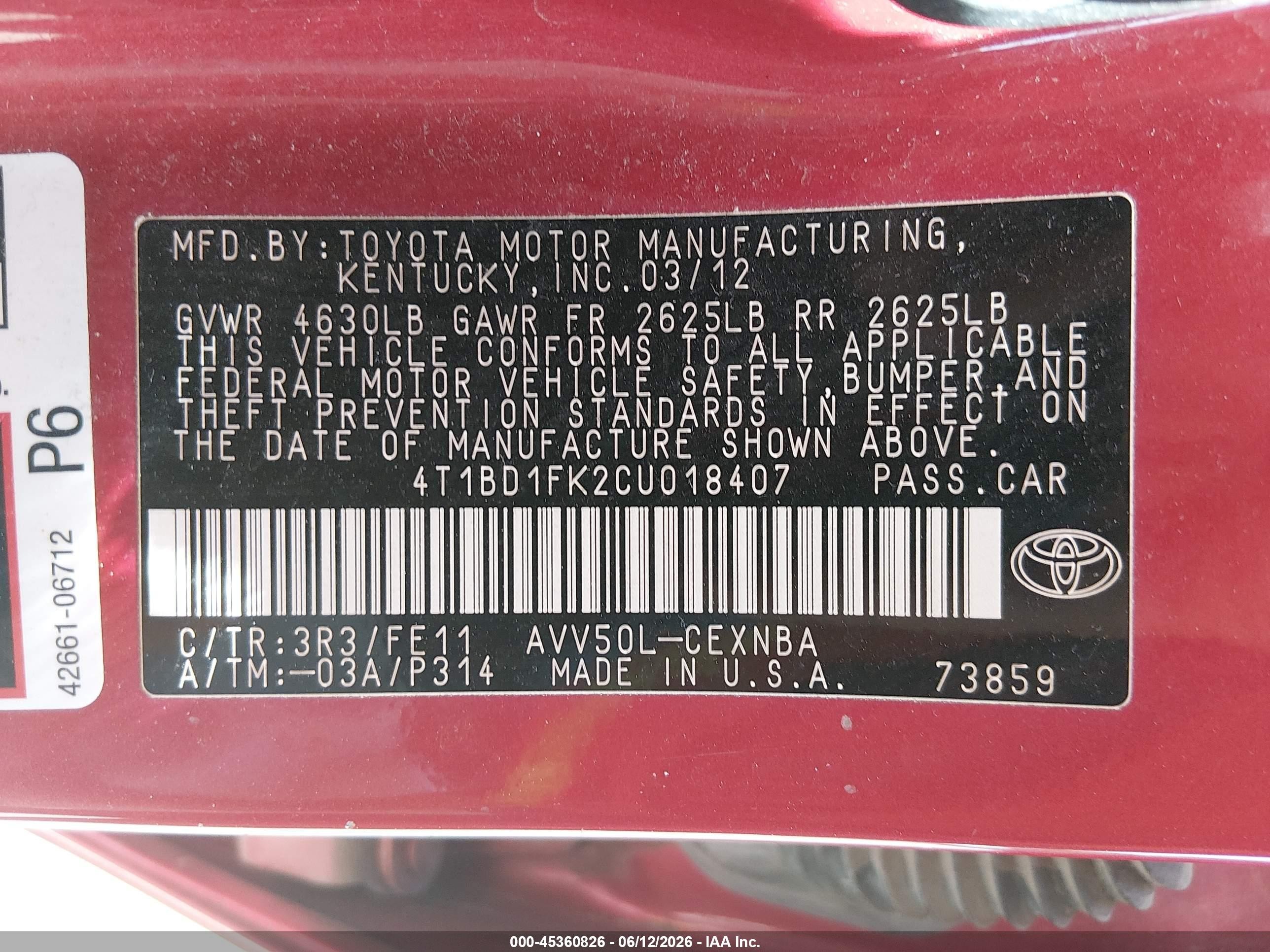 2012 Toyota Camry Hybrid Le Red vin: 4T1BD1FK2CU018407