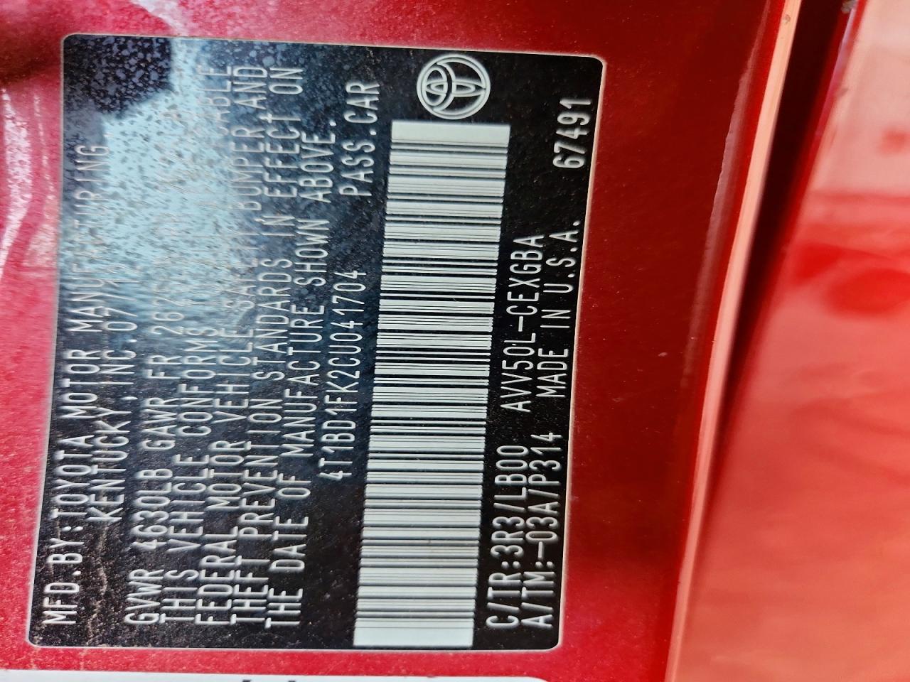 2012 Toyota Camry Hybrid Xle Red vin: 4T1BD1FK2CU041704
