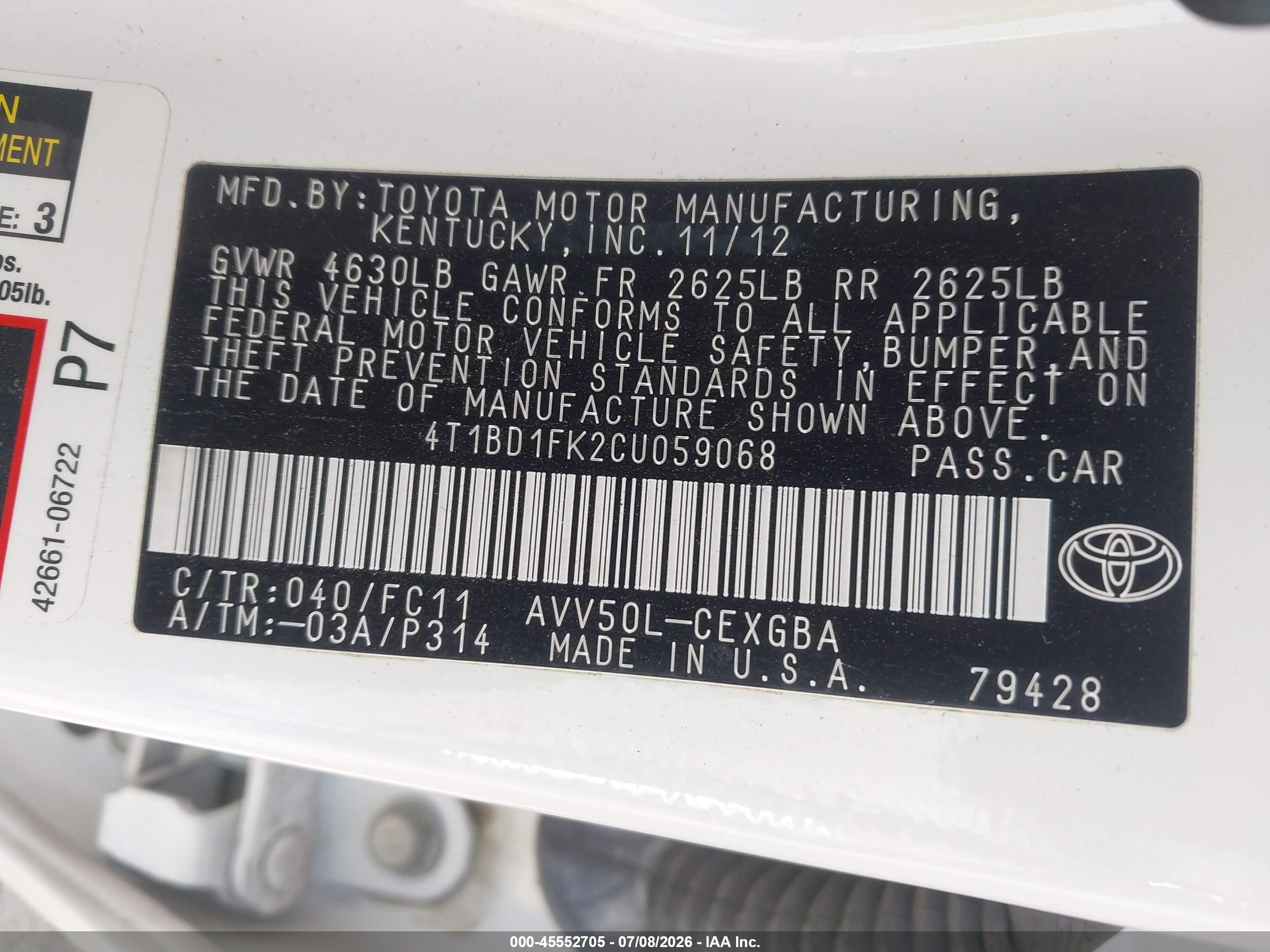 2012 Toyota Camry Hybrid Xle White vin: 4T1BD1FK2CU059068