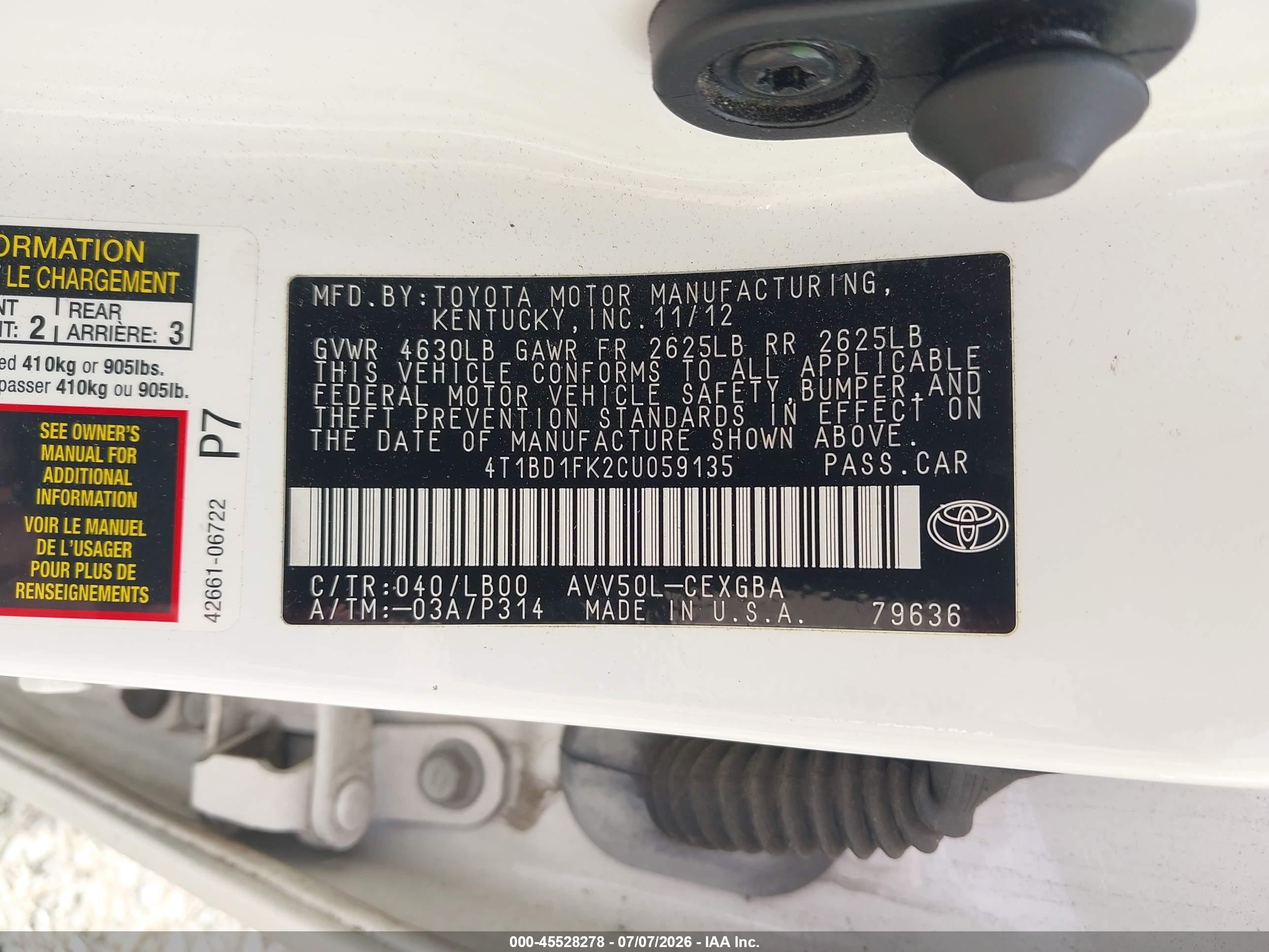 2012 Toyota Camry Hybrid Xle White vin: 4T1BD1FK2CU059135