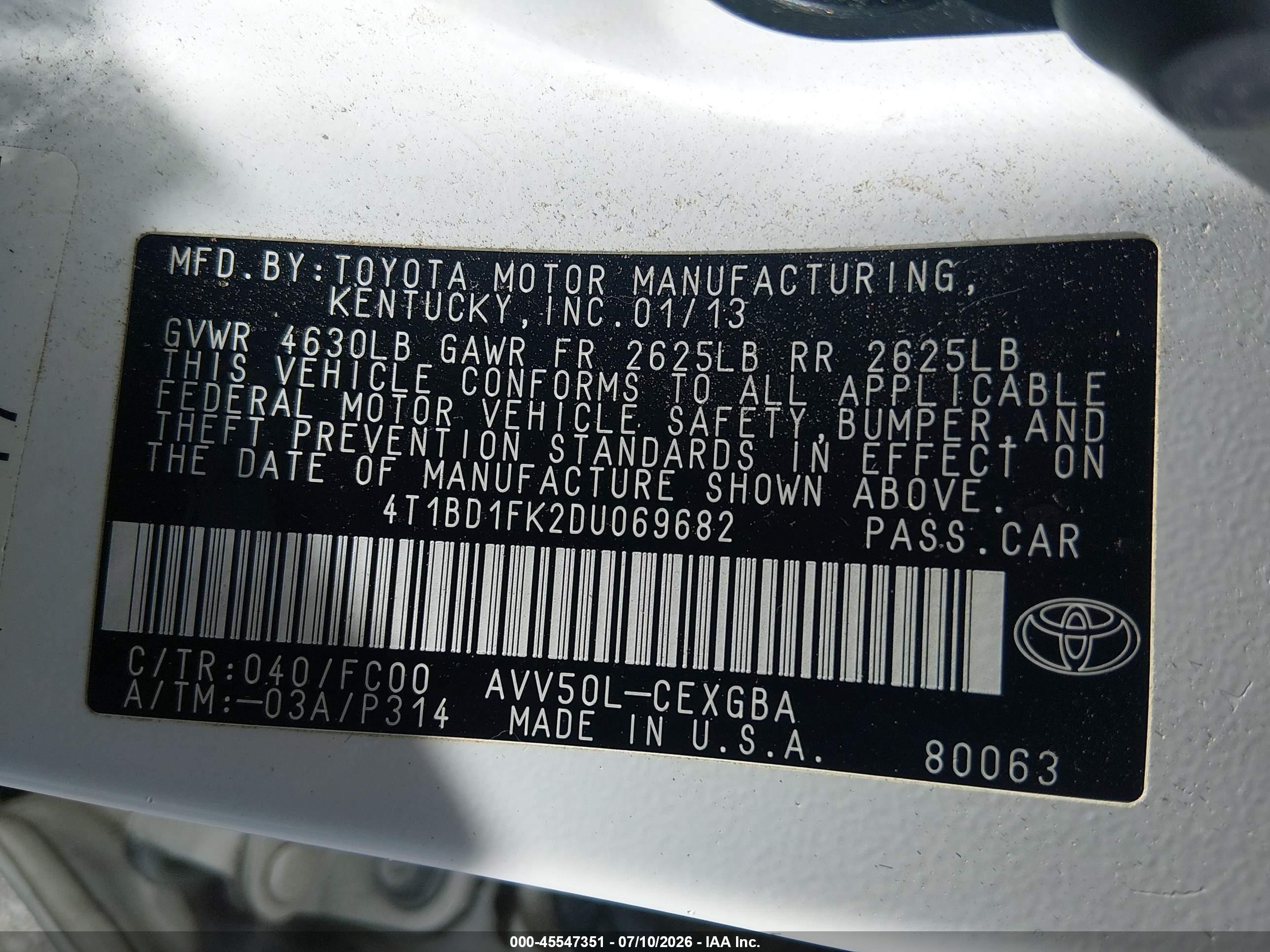 2013 Toyota Camry Hybrid Xle White vin: 4T1BD1FK2DU069682