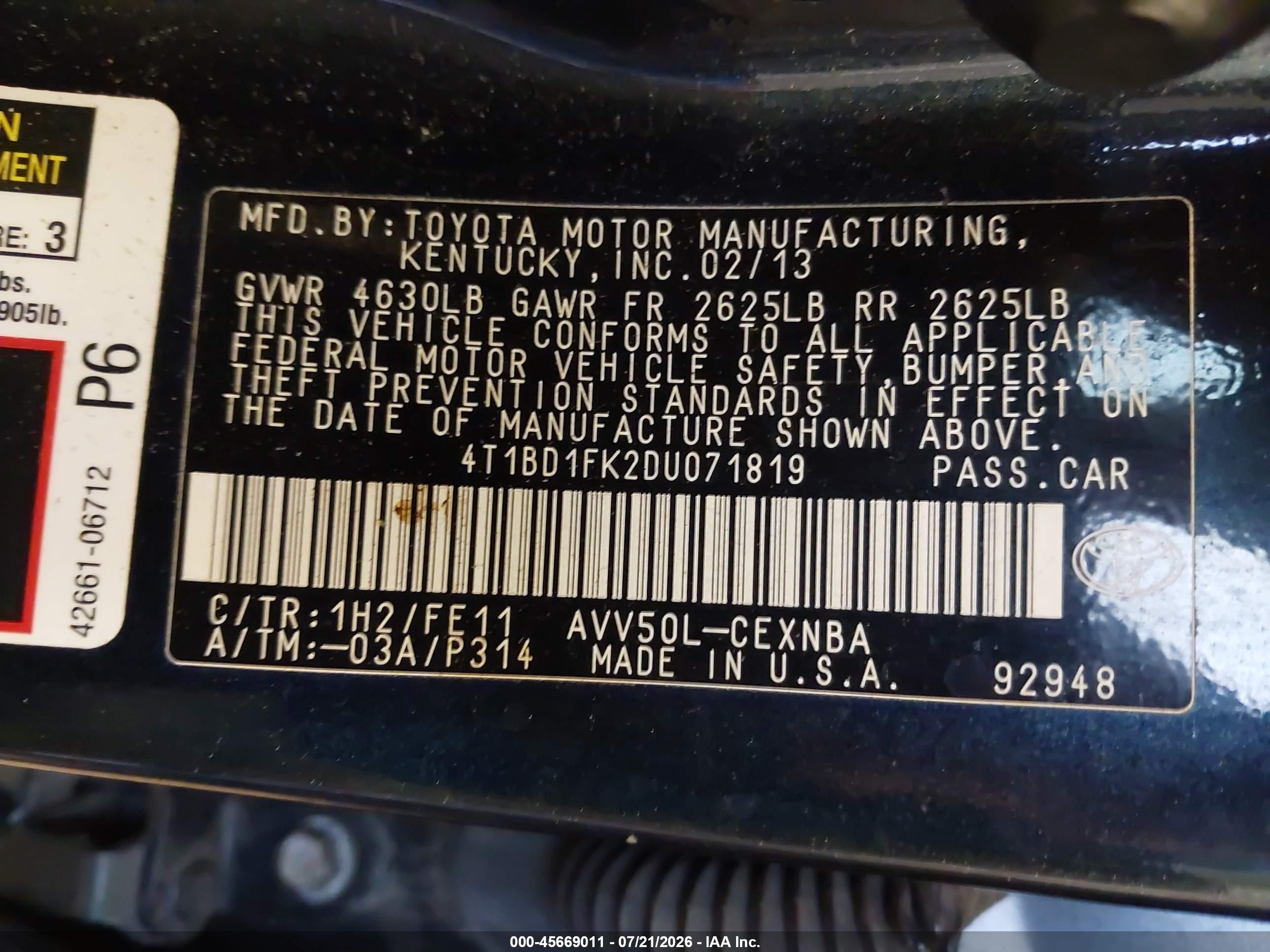 2013 Toyota Camry Hybrid Le Blue vin: 4T1BD1FK2DU071819