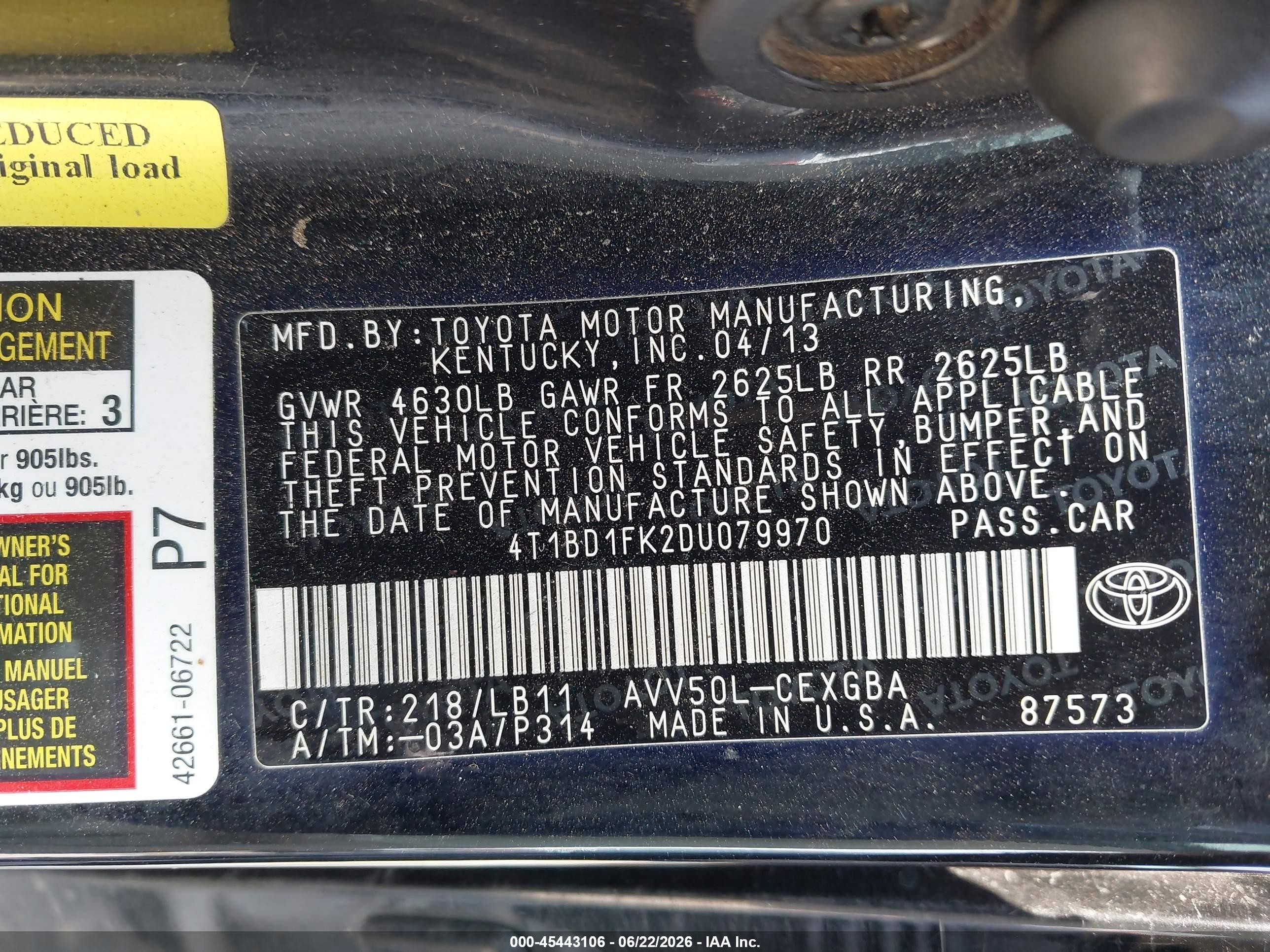 2013 Toyota Camry Hybrid Le/xle Black vin: 4T1BD1FK2DU079970