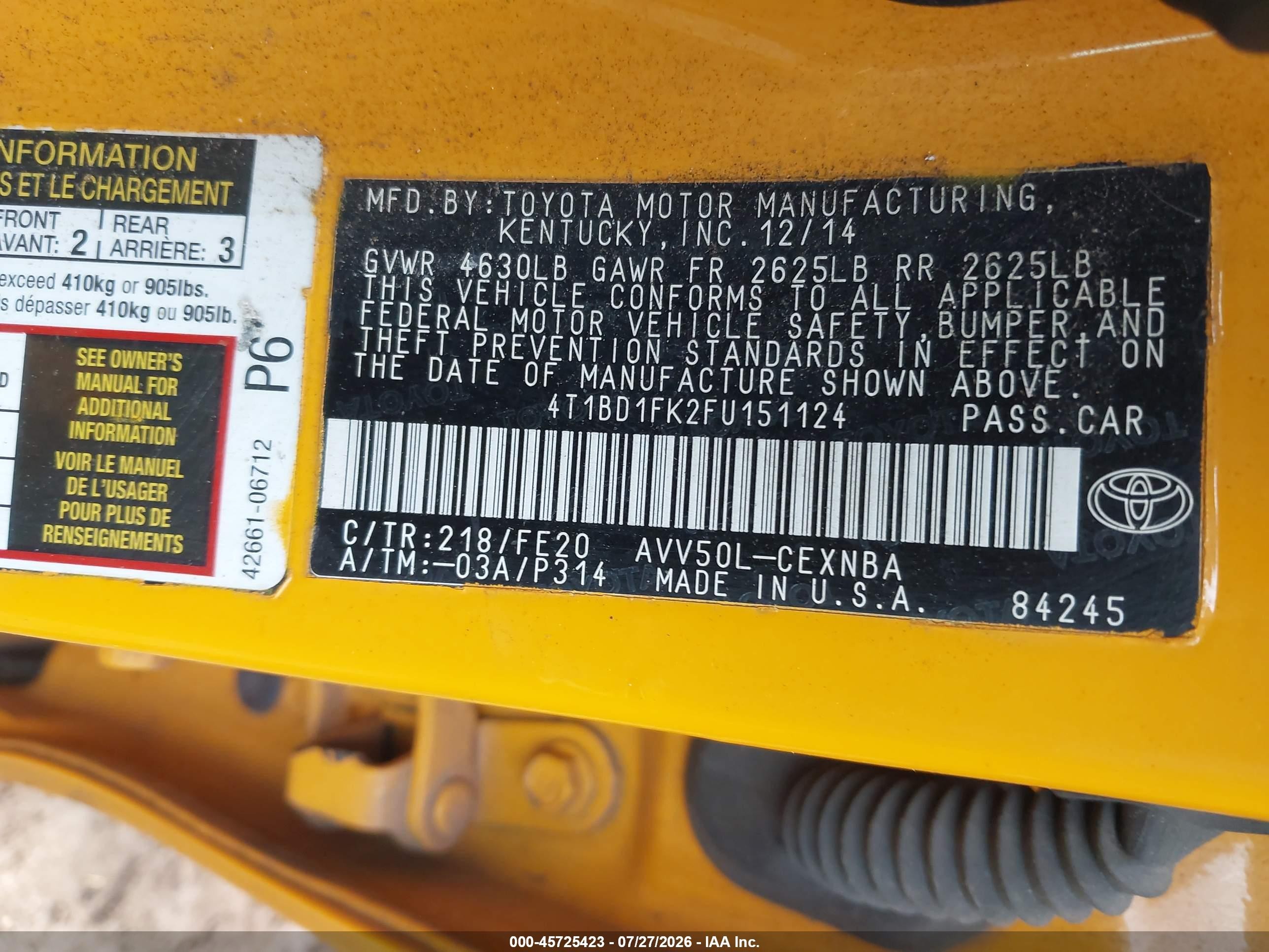 2015 Toyota Camry Hybrid Le Yellow vin: 4T1BD1FK2FU151124
