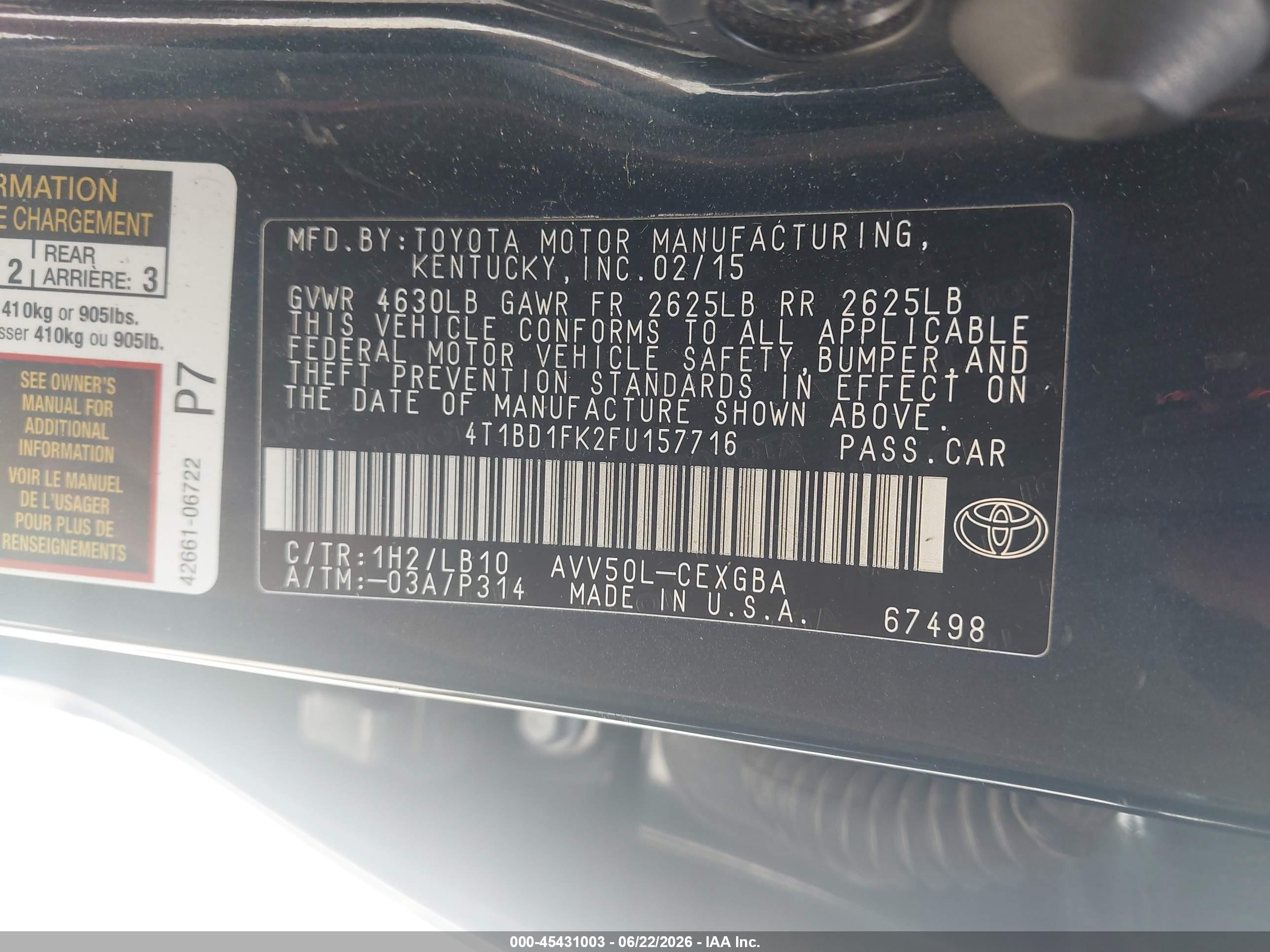 2015 Toyota Camry Hybrid Xle Black vin: 4T1BD1FK2FU157716