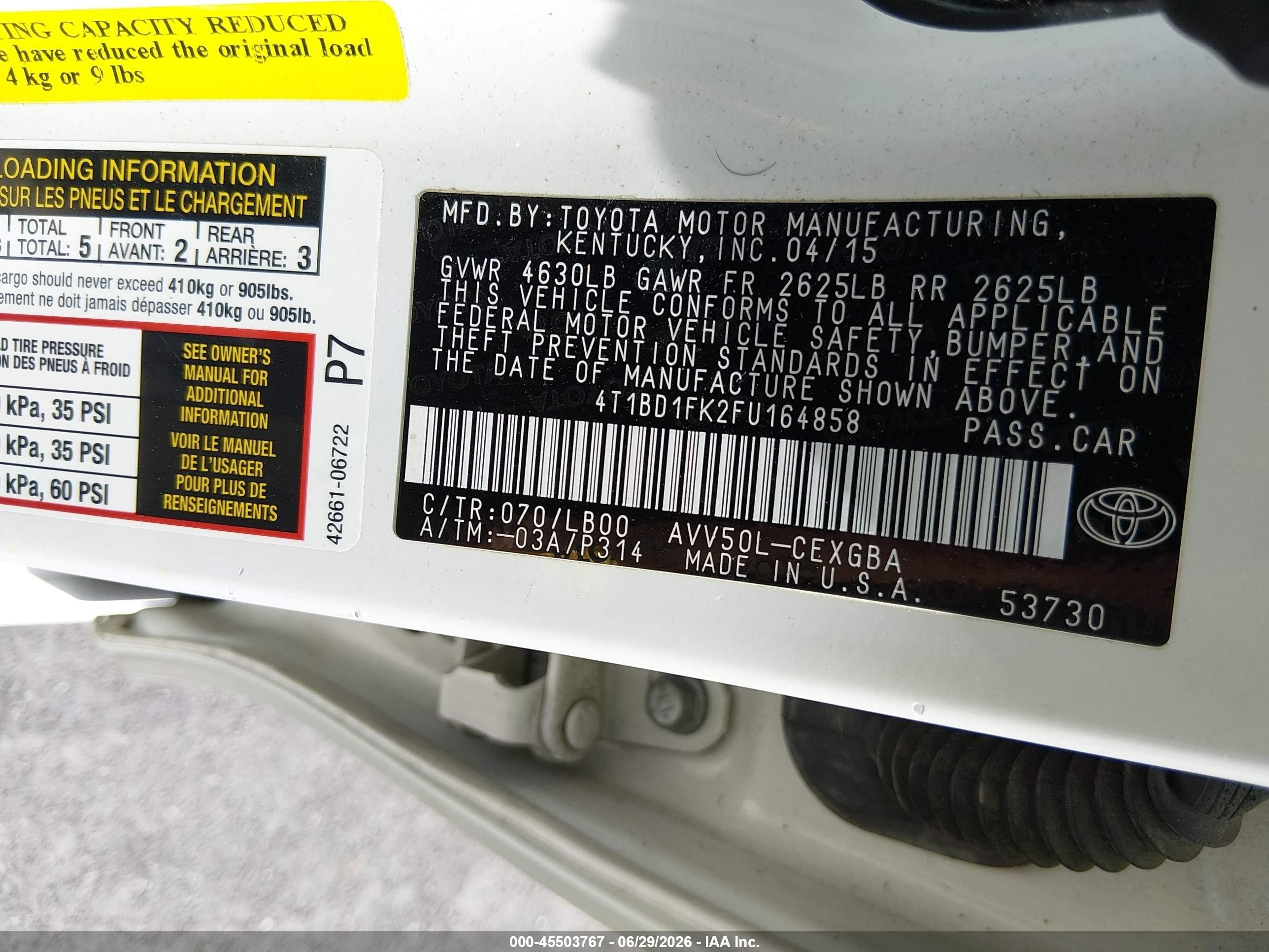 2015 Toyota Camry Hybrid Xle White vin: 4T1BD1FK2FU164858