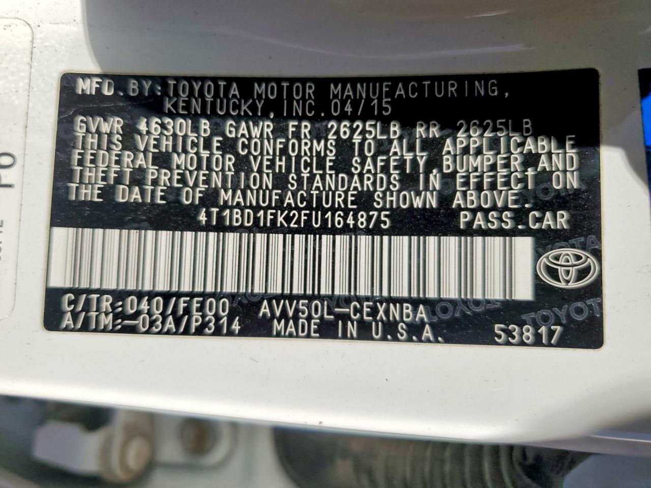 2015 Toyota Camry Hybrid Le White vin: 4T1BD1FK2FU164875