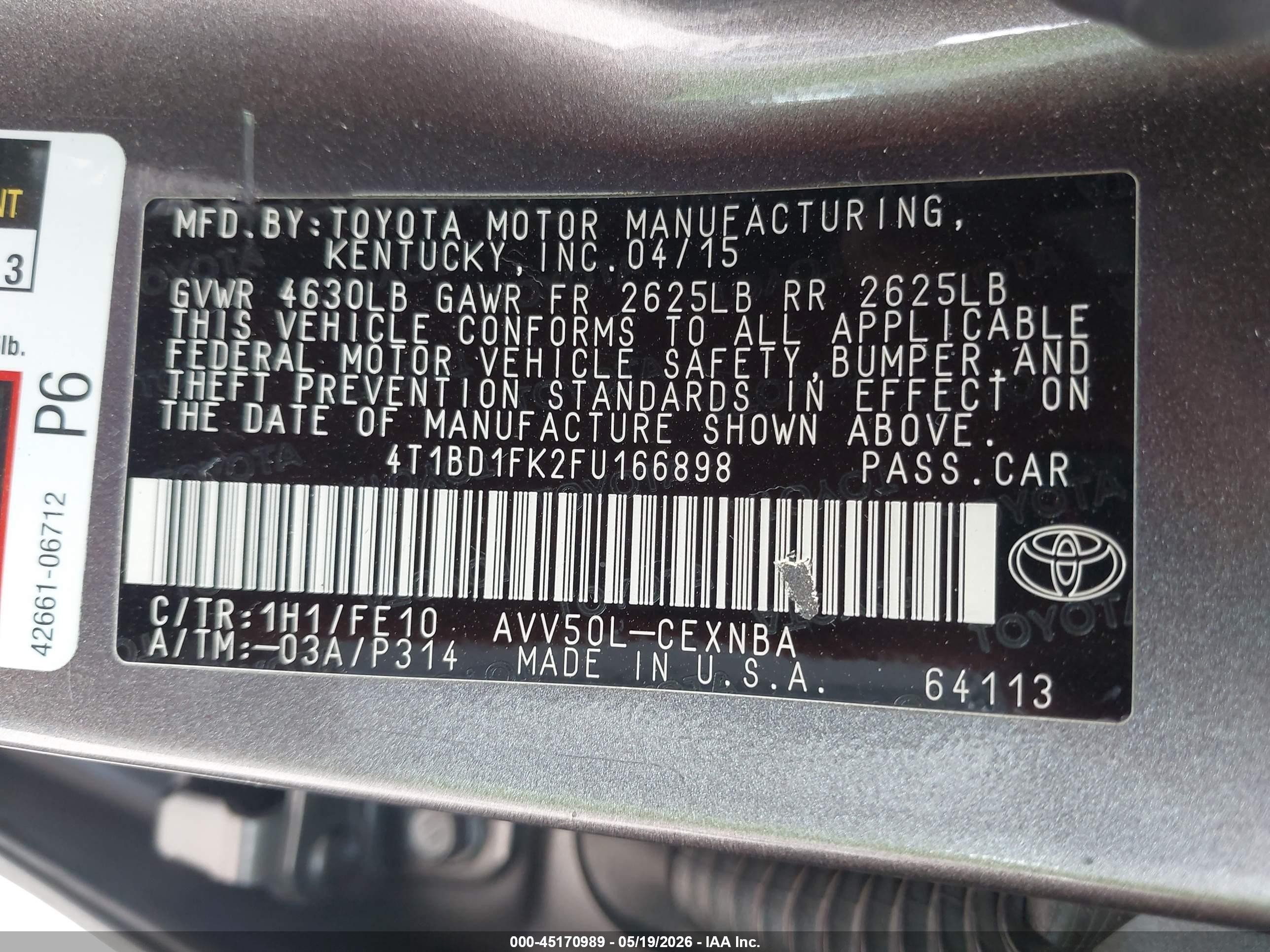 2015 Toyota Camry Hybrid Le Gray vin: 4T1BD1FK2FU166898